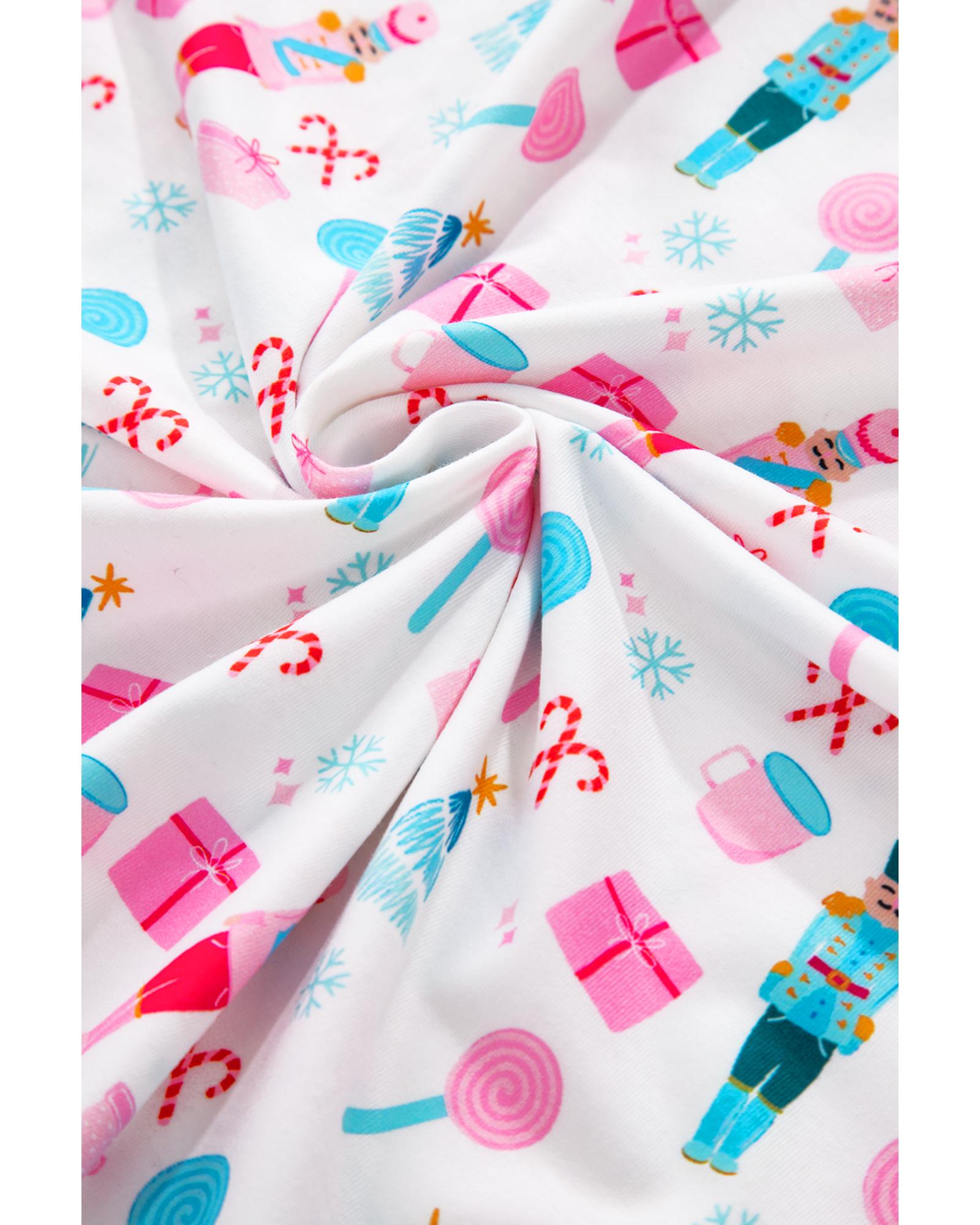 White Christmas Pattern Long Sleeve Top and Wide Leg Pants Set - L