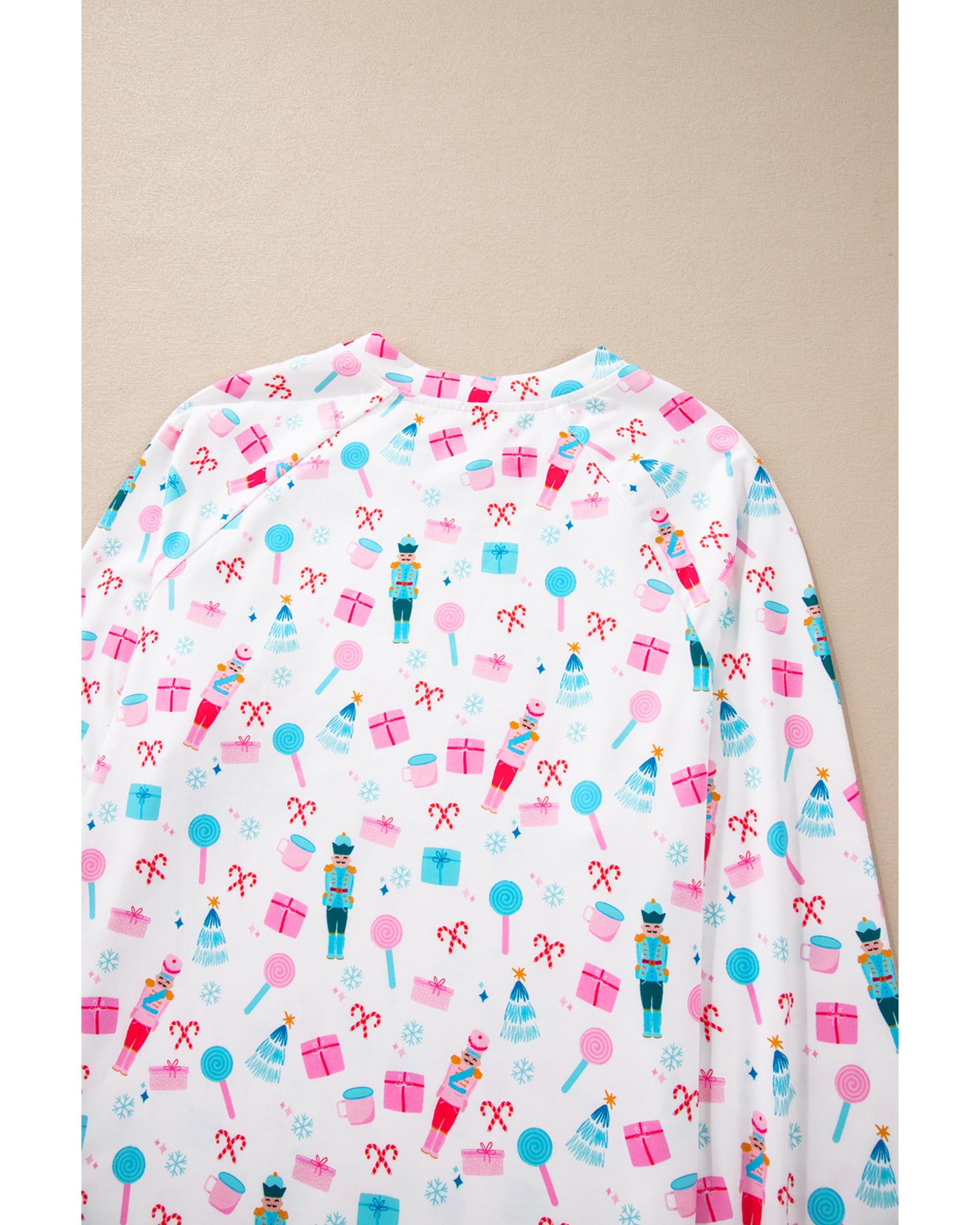 White Christmas Pattern Long Sleeve Top and Wide Leg Pants Set - XL