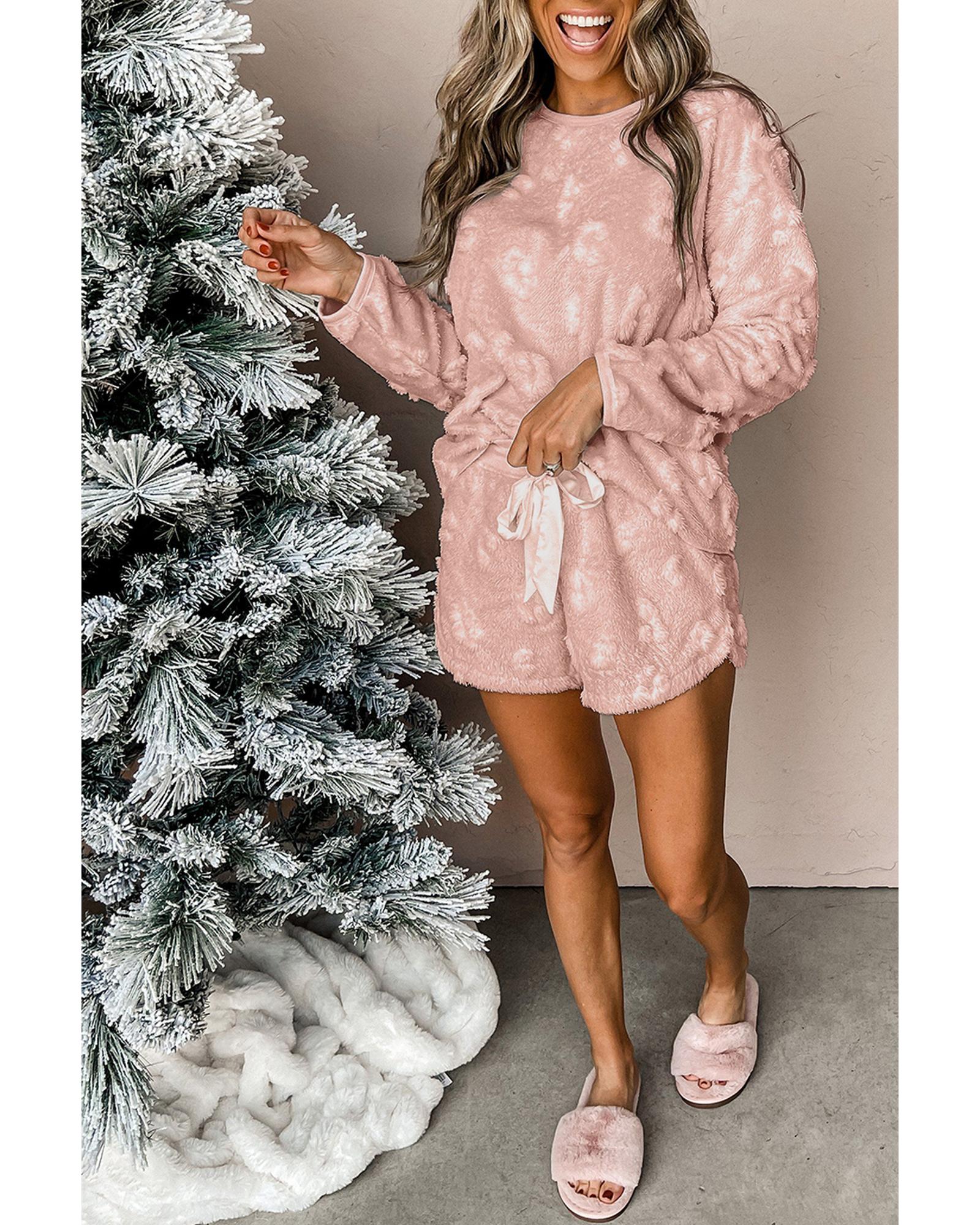 Light Pink Textured Leopard Fleece Loose Two Piece Lounge Set - L