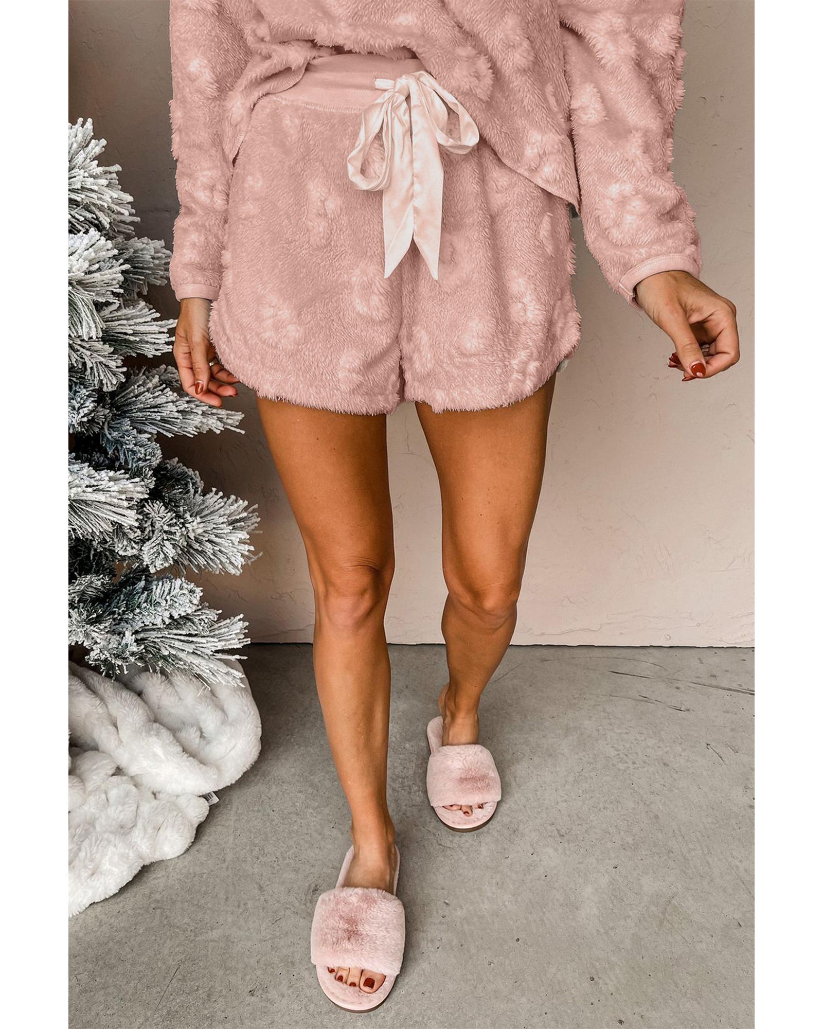 Light Pink Textured Leopard Fleece Loose Two Piece Lounge Set - L