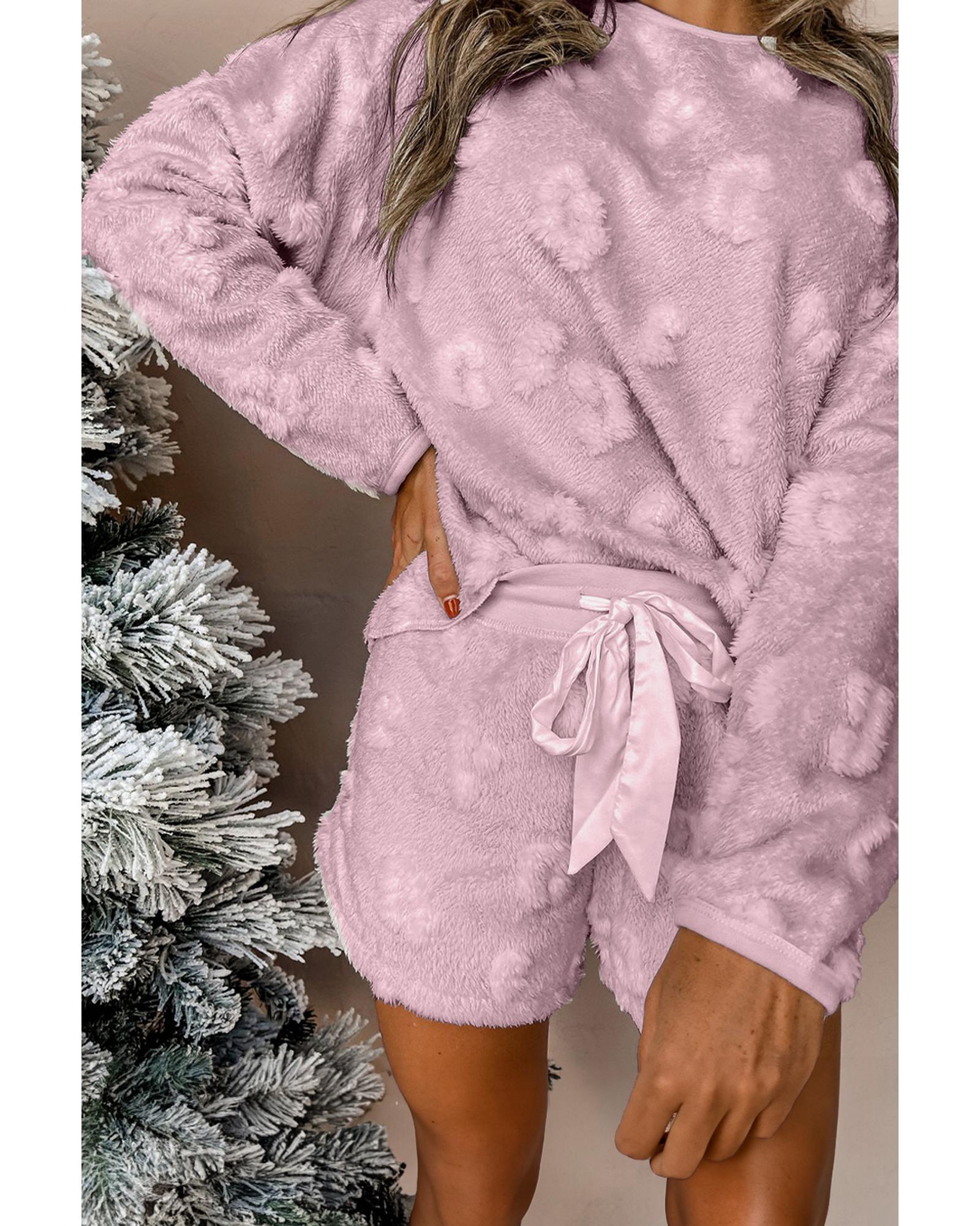 Lavendula Textured Leopard Fleece Loose Two Piece Lounge Set - M