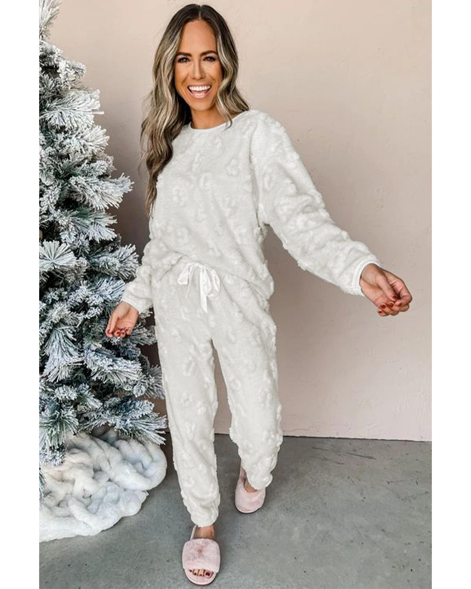 Light Grey Leopard Textured Loose Fit Fleece Lounge Set - L