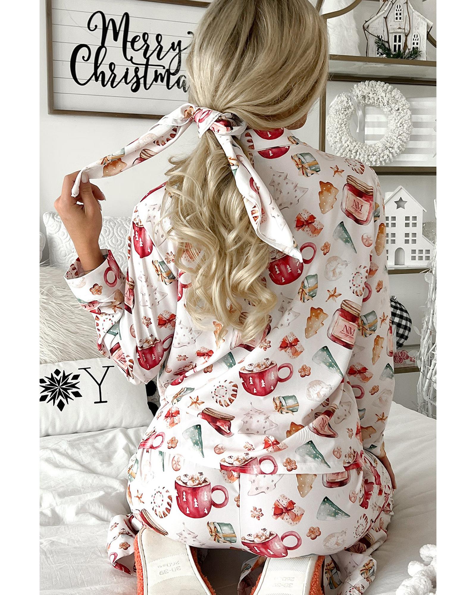 White Christmas Pattern Long Sleeve Shirt and Pants Pajama Set - S