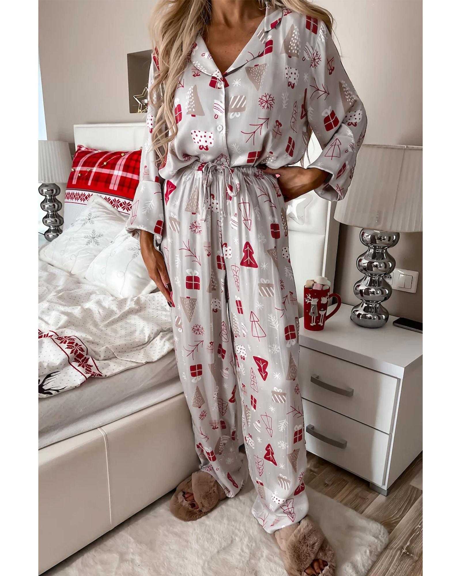 Light Grey Christmas Printed Shirt and Pants Pajama Set - L