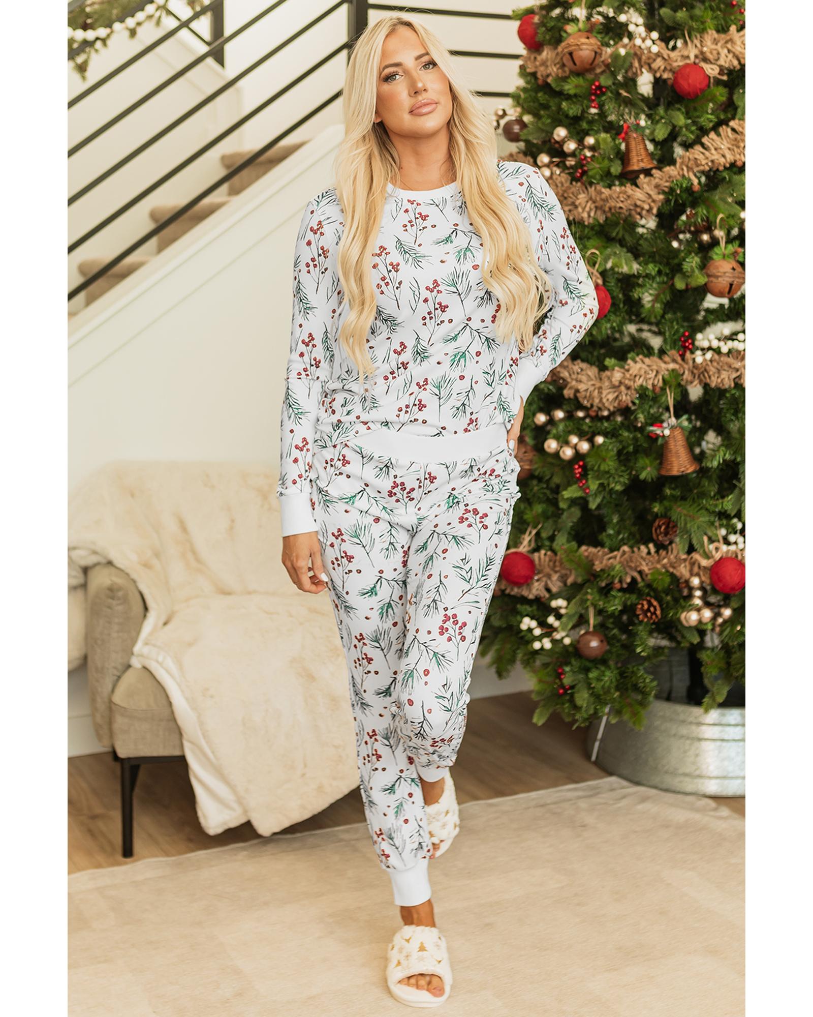 White Holly Print Thermal Pullover Pants Lounge Set - XL