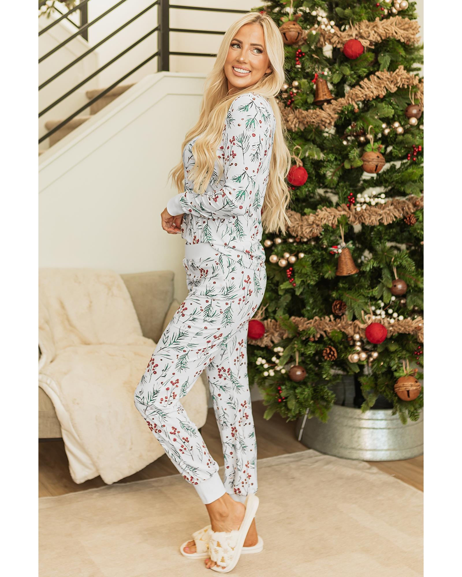 White Holly Print Thermal Pullover Pants Lounge Set - XL