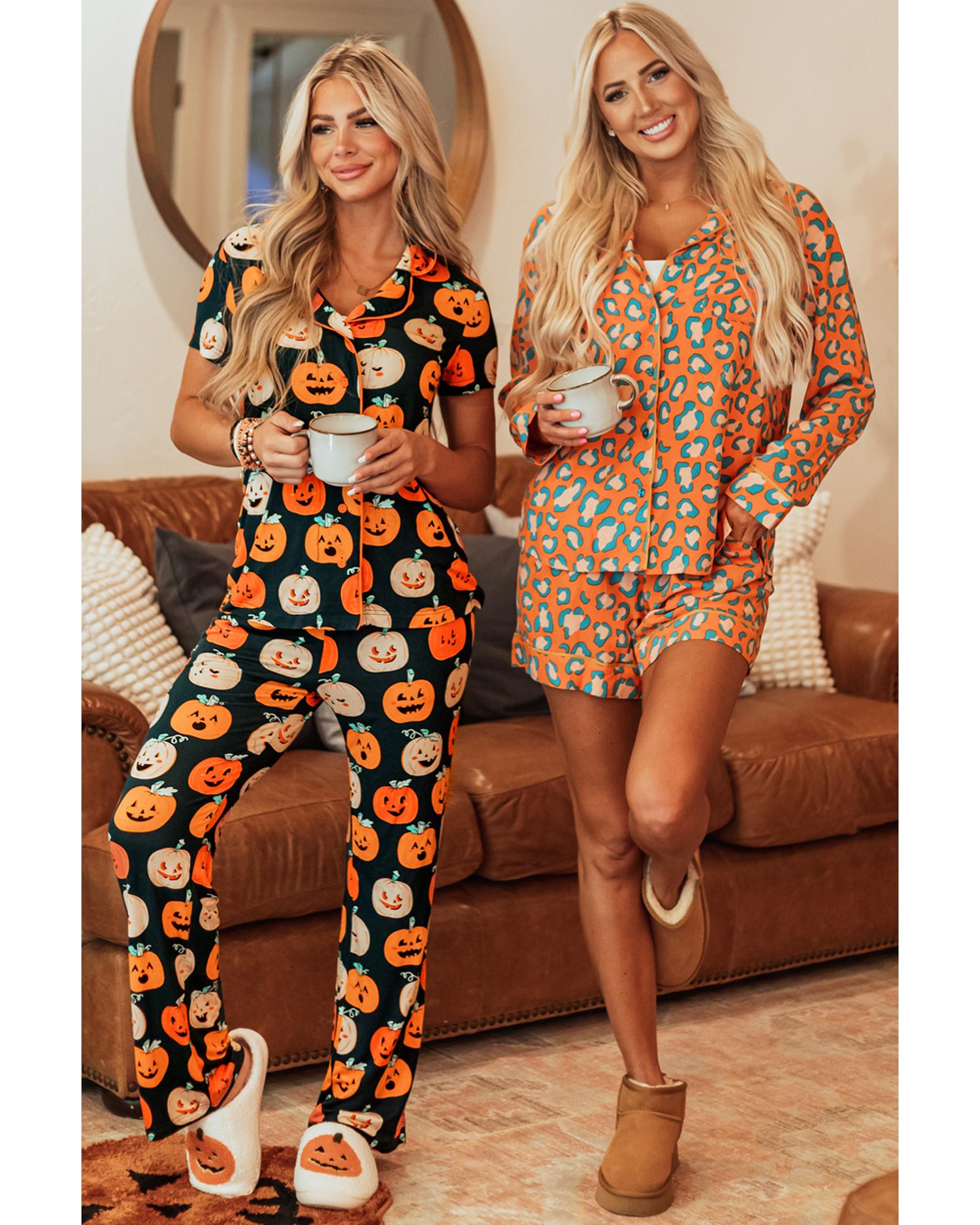 Orange Halloween Pattern Short Sleeve Shirt Pajama Set - L