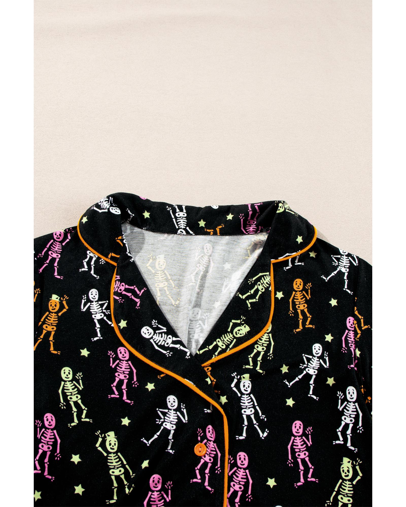 Black Halloween Pattern Short Sleeve Shirt Pajama Set - L