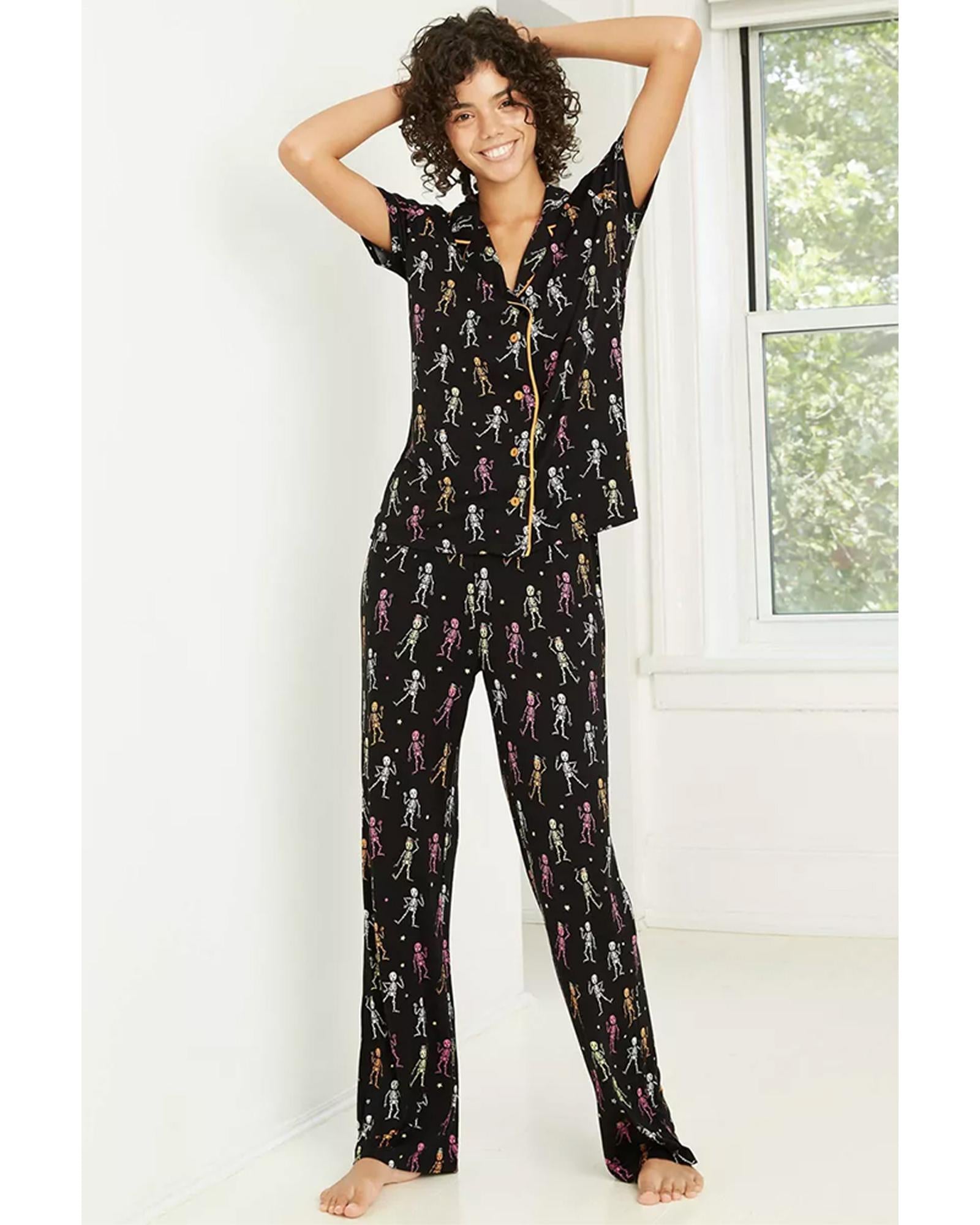 Black Halloween Pattern Short Sleeve Shirt Pajama Set - L
