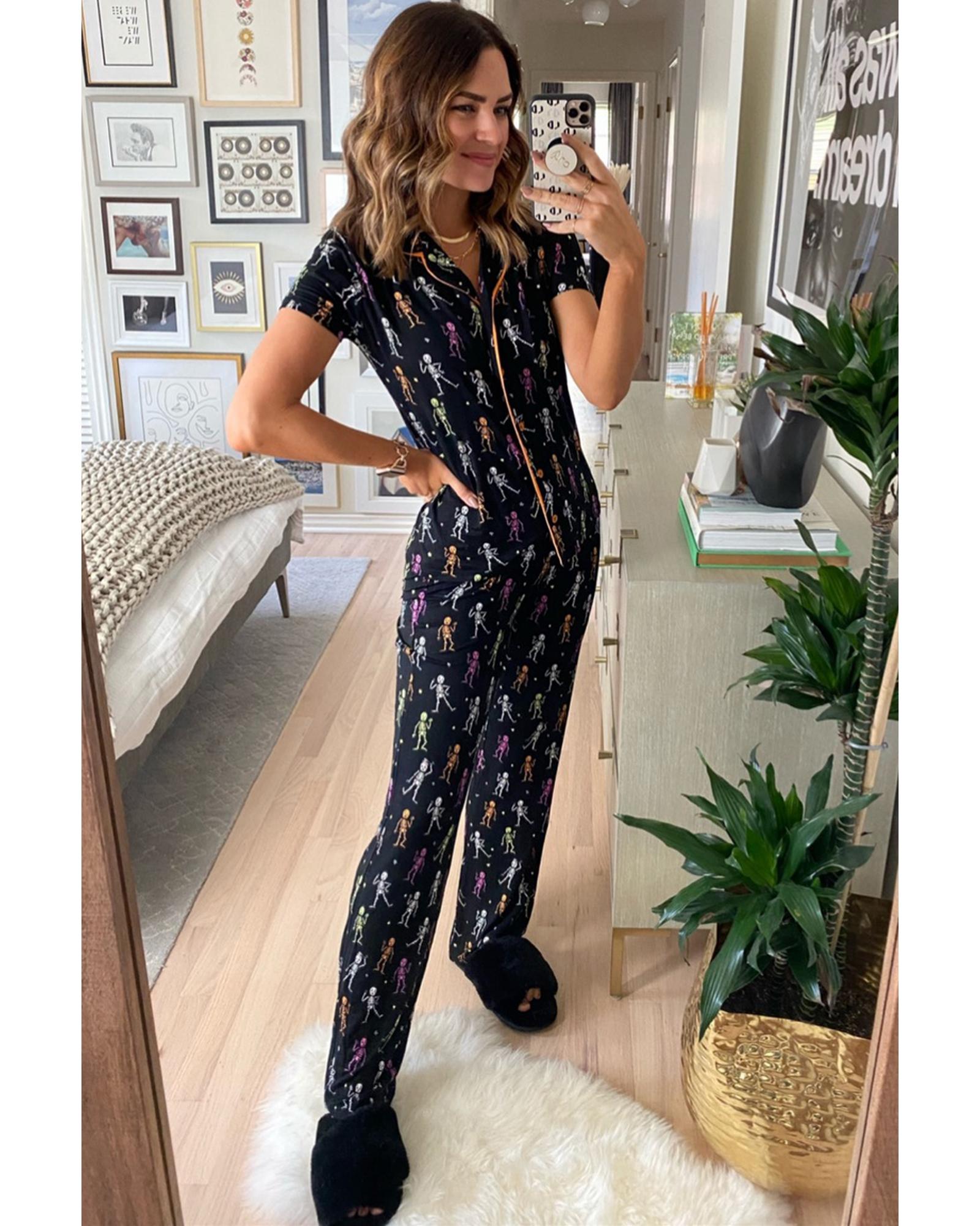 Black Halloween Pattern Short Sleeve Shirt Pajama Set - L