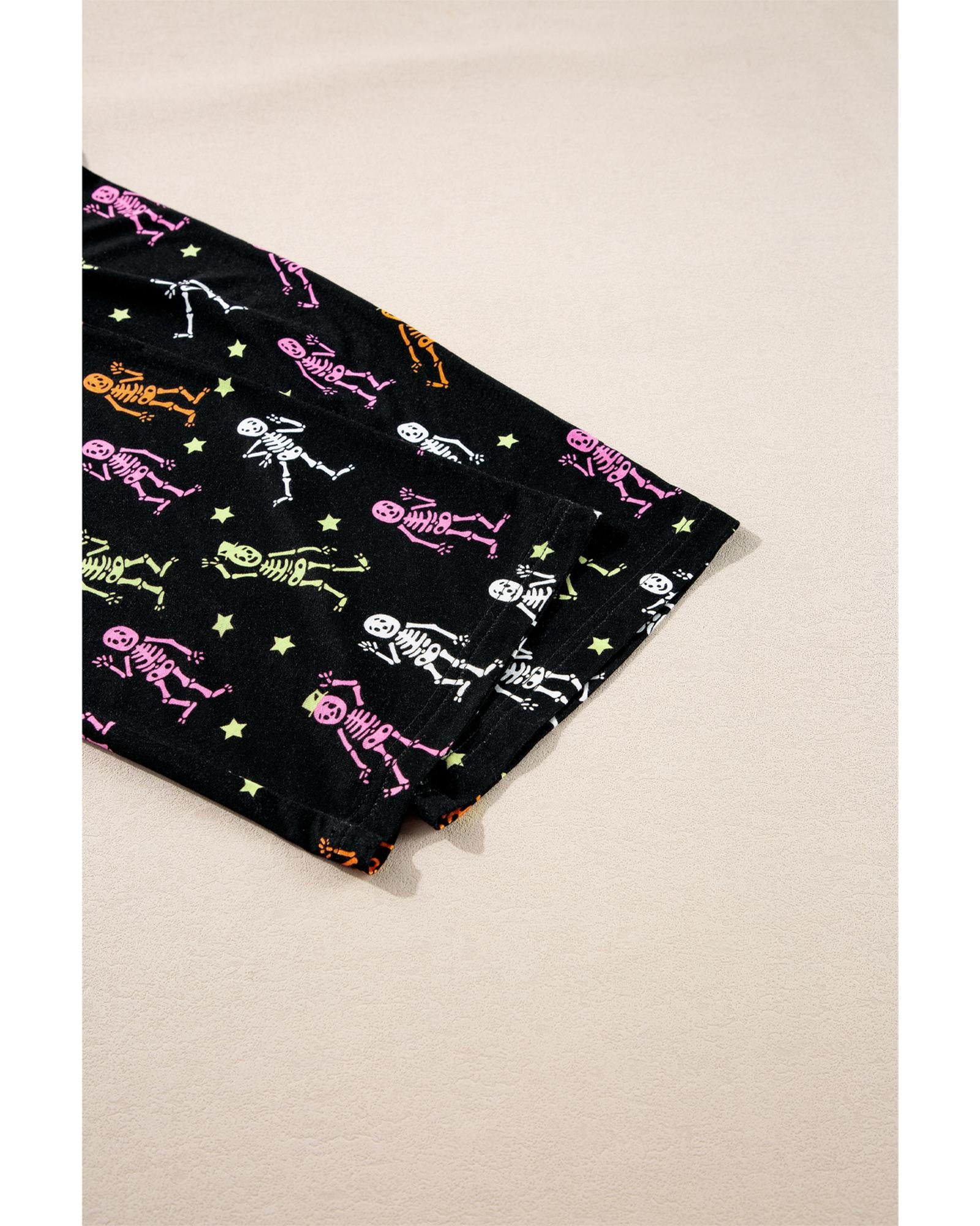 Black Halloween Pattern Short Sleeve Shirt Pajama Set - M