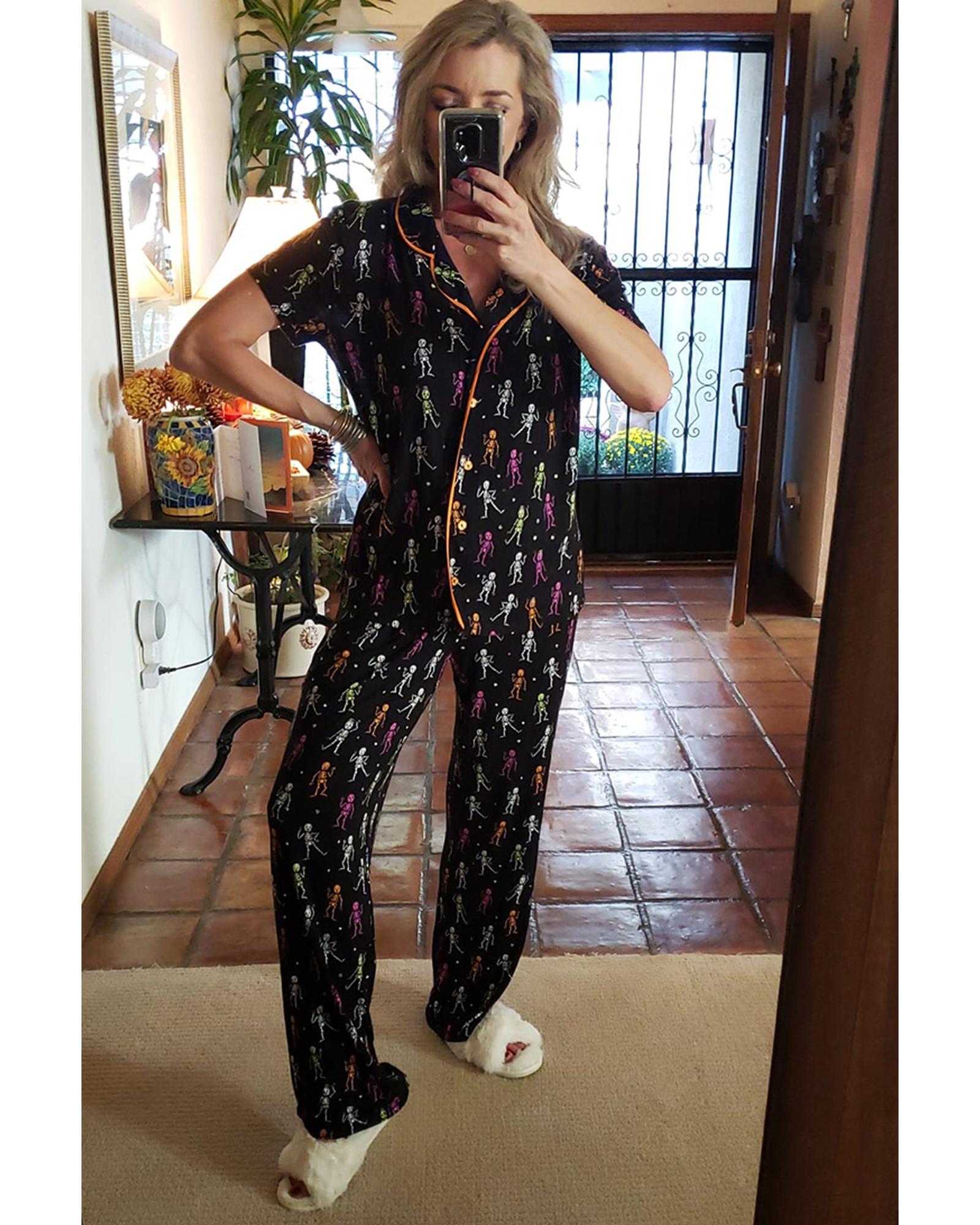 Black Halloween Pattern Short Sleeve Shirt Pajama Set - M