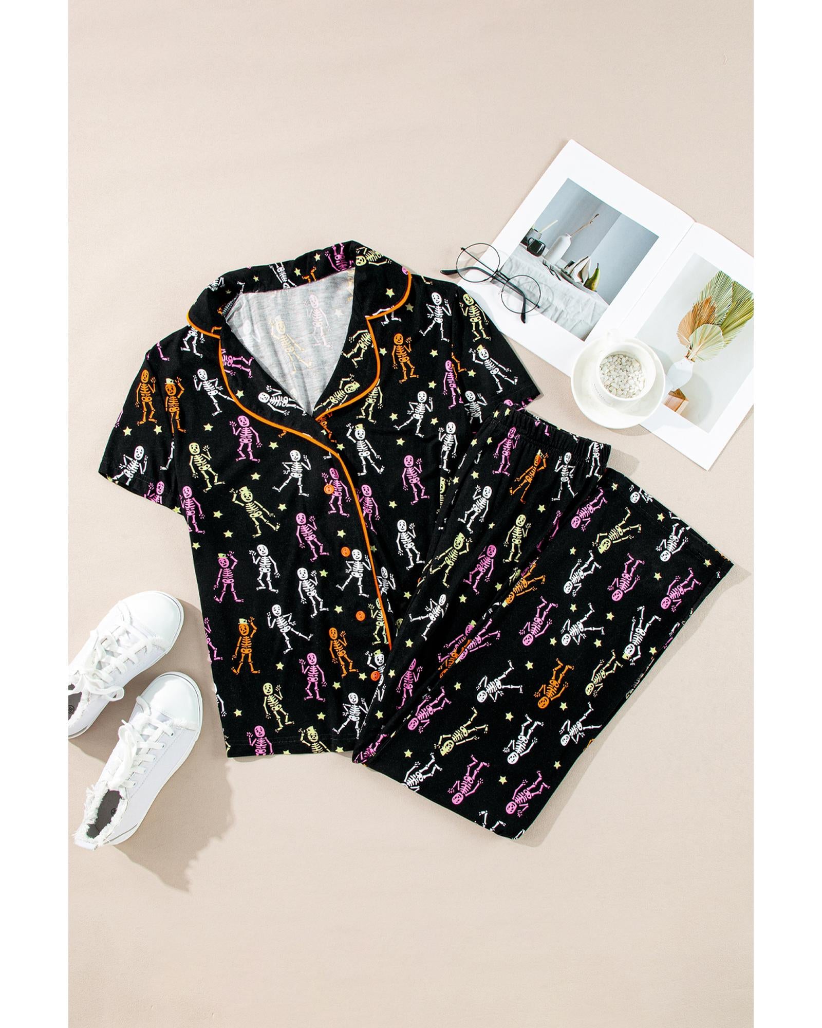 Black Halloween Pattern Short Sleeve Shirt Pajama Set - M