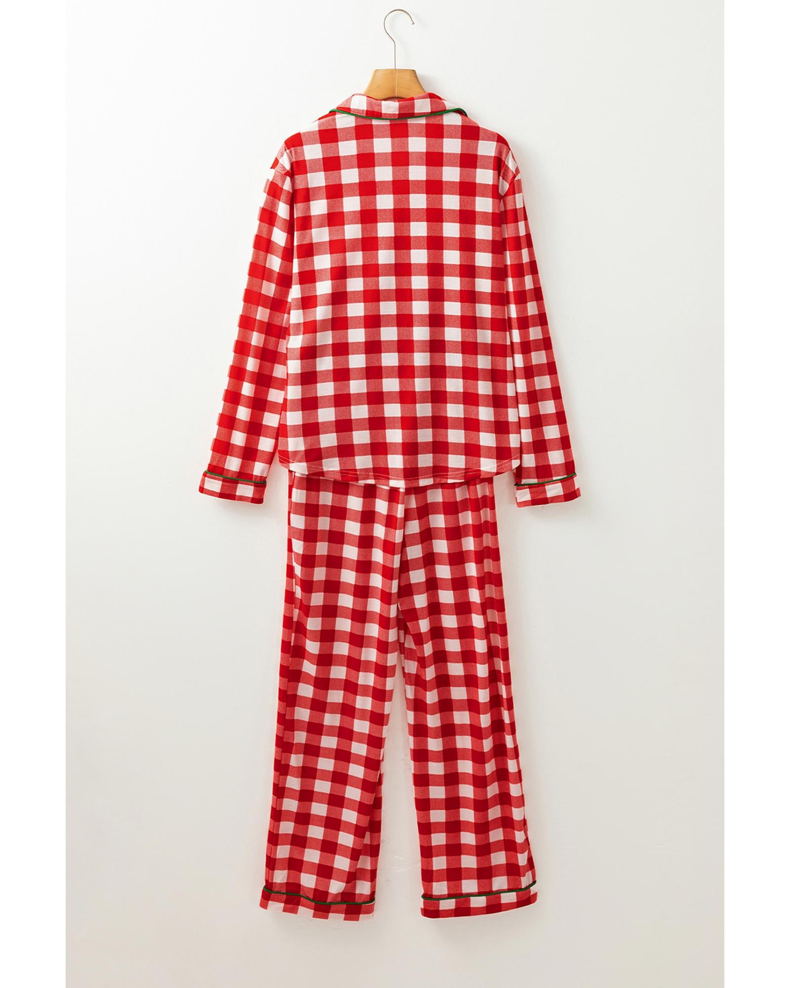 Fiery Red Christmas Plaid Print Shirt and Pants Pajama Set - L
