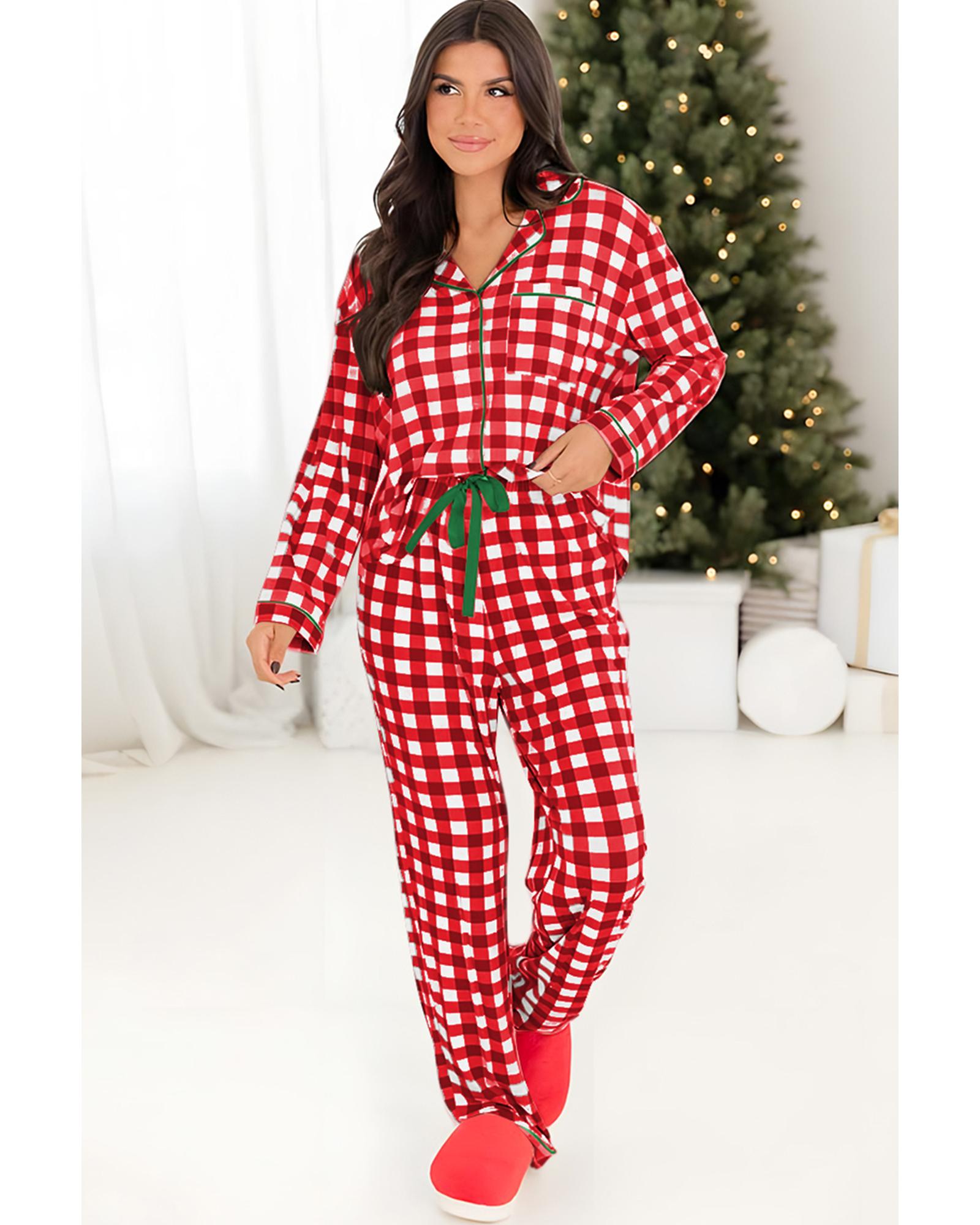 Fiery Red Christmas Plaid Print Shirt and Pants Pajama Set - L