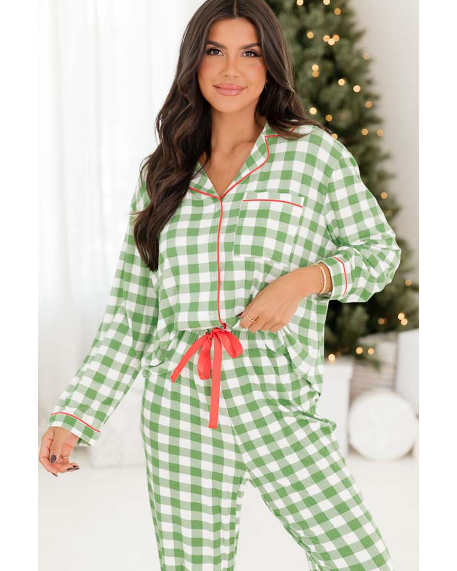 Light Green Christmas Plaid Print Shirt and Pants Pajama Set - S