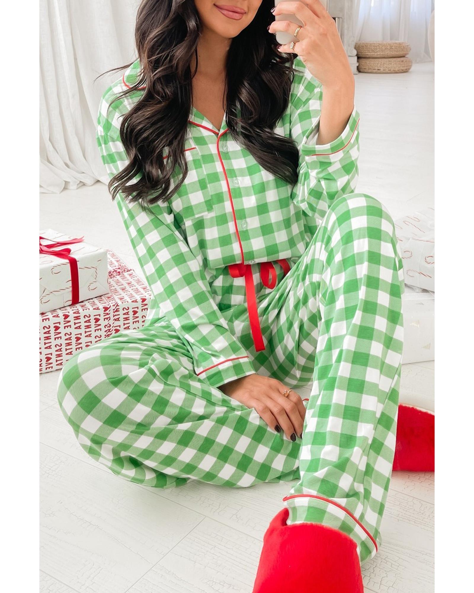 Light Green Christmas Plaid Print Shirt and Pants Pajama Set - S