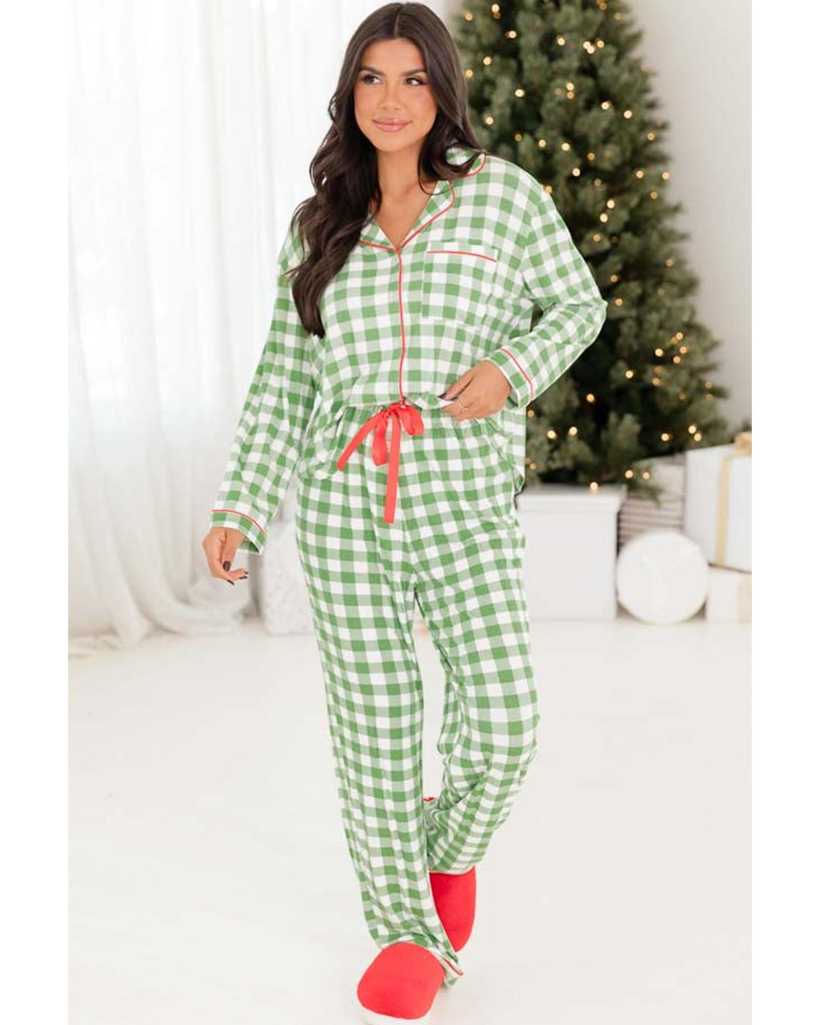 Light Green Christmas Plaid Print Shirt and Pants Pajama Set - S