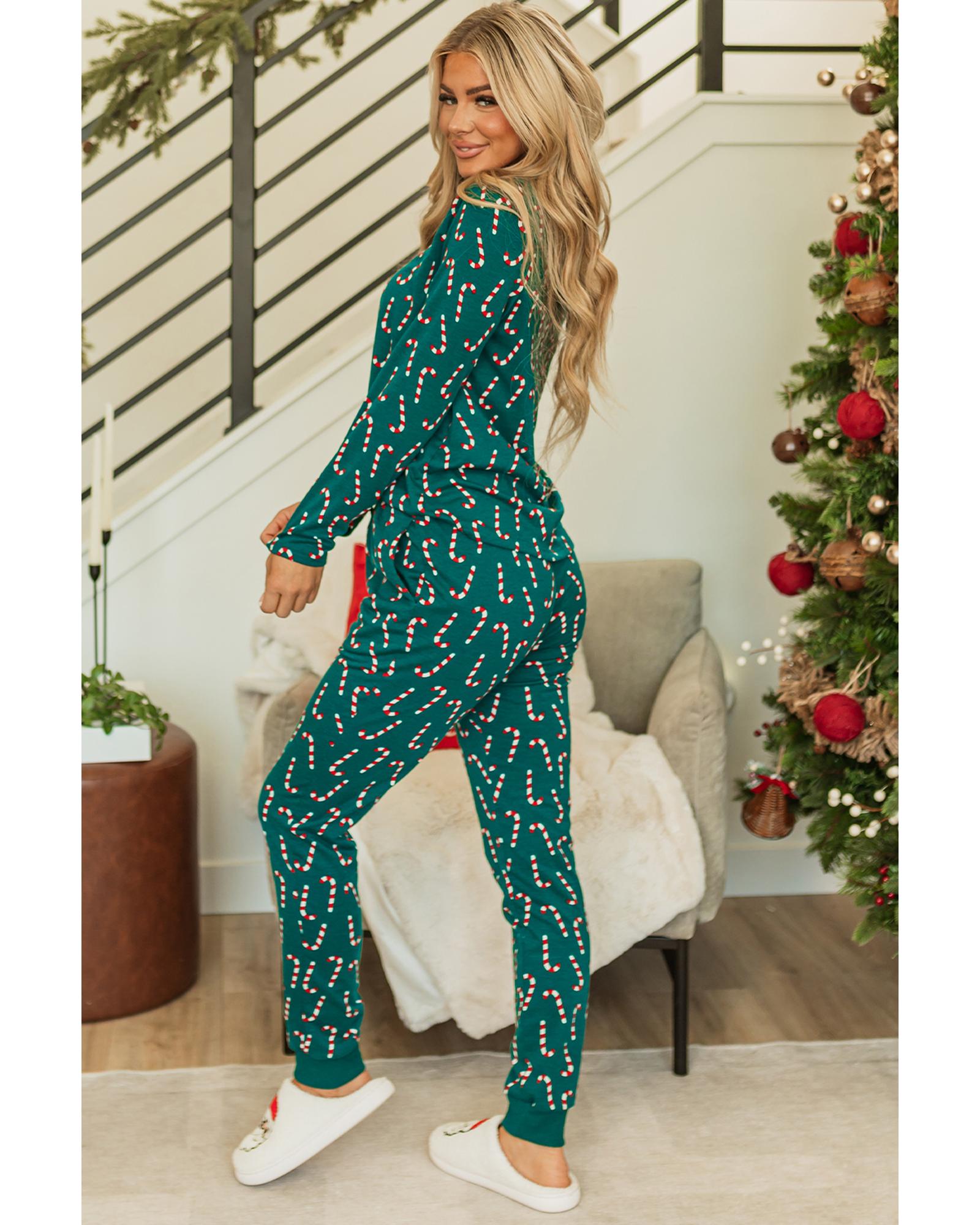 Green Christmas Candy Cane Printed Top and Pants Lounge Set - S