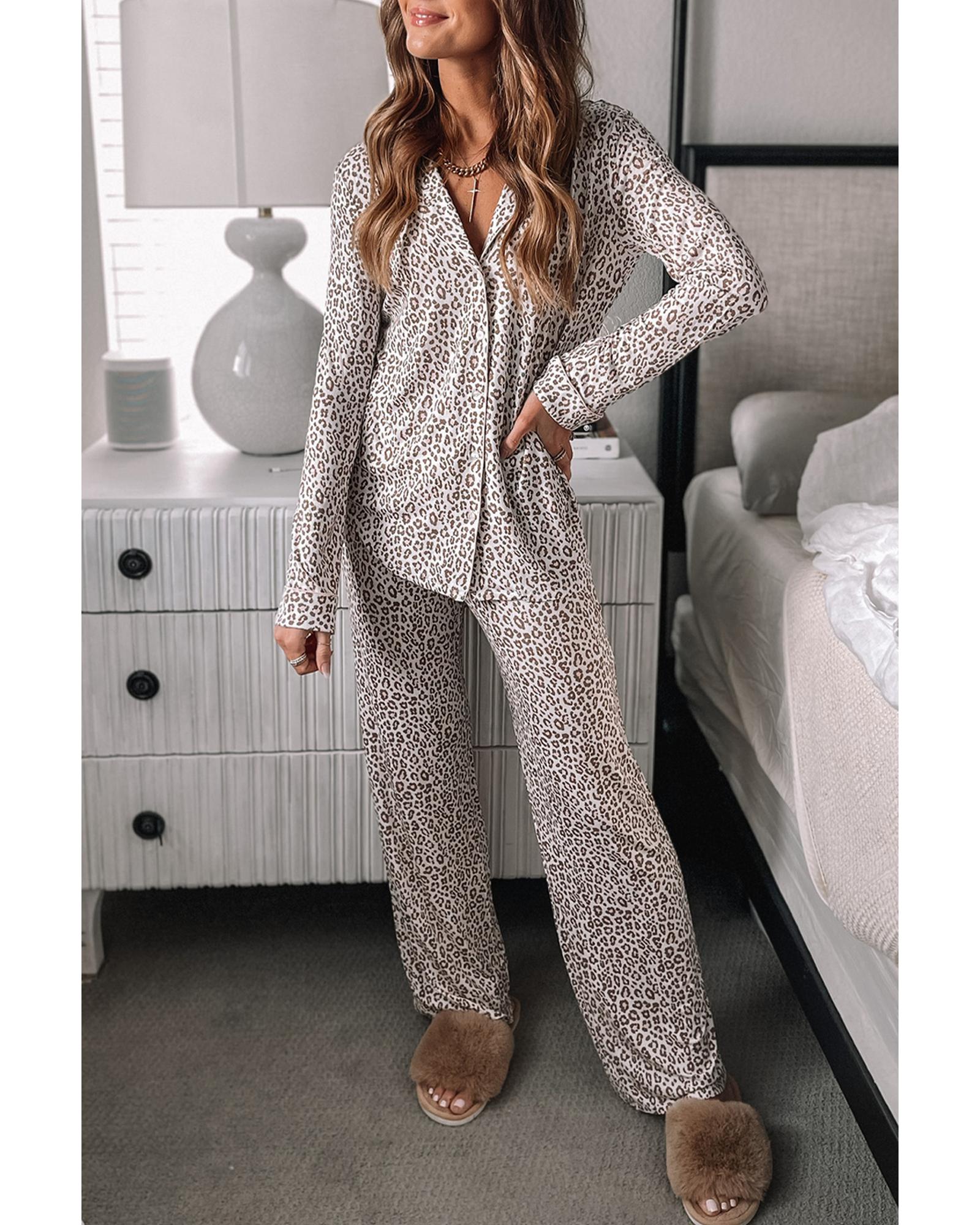 White Leopard Print Long Sleeve and Pants Pajamas Set - M