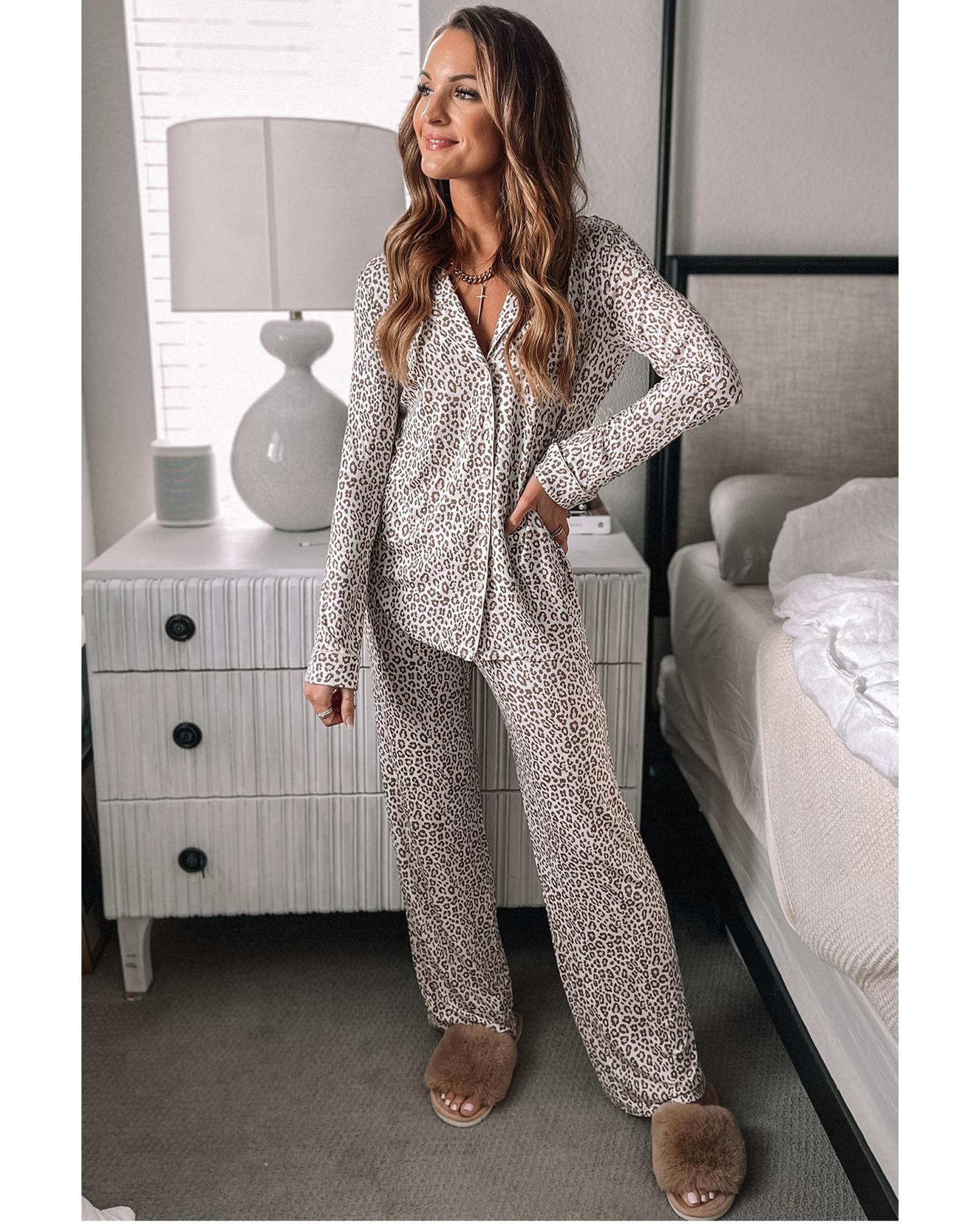 White Leopard Print Long Sleeve and Pants Pajamas Set - M