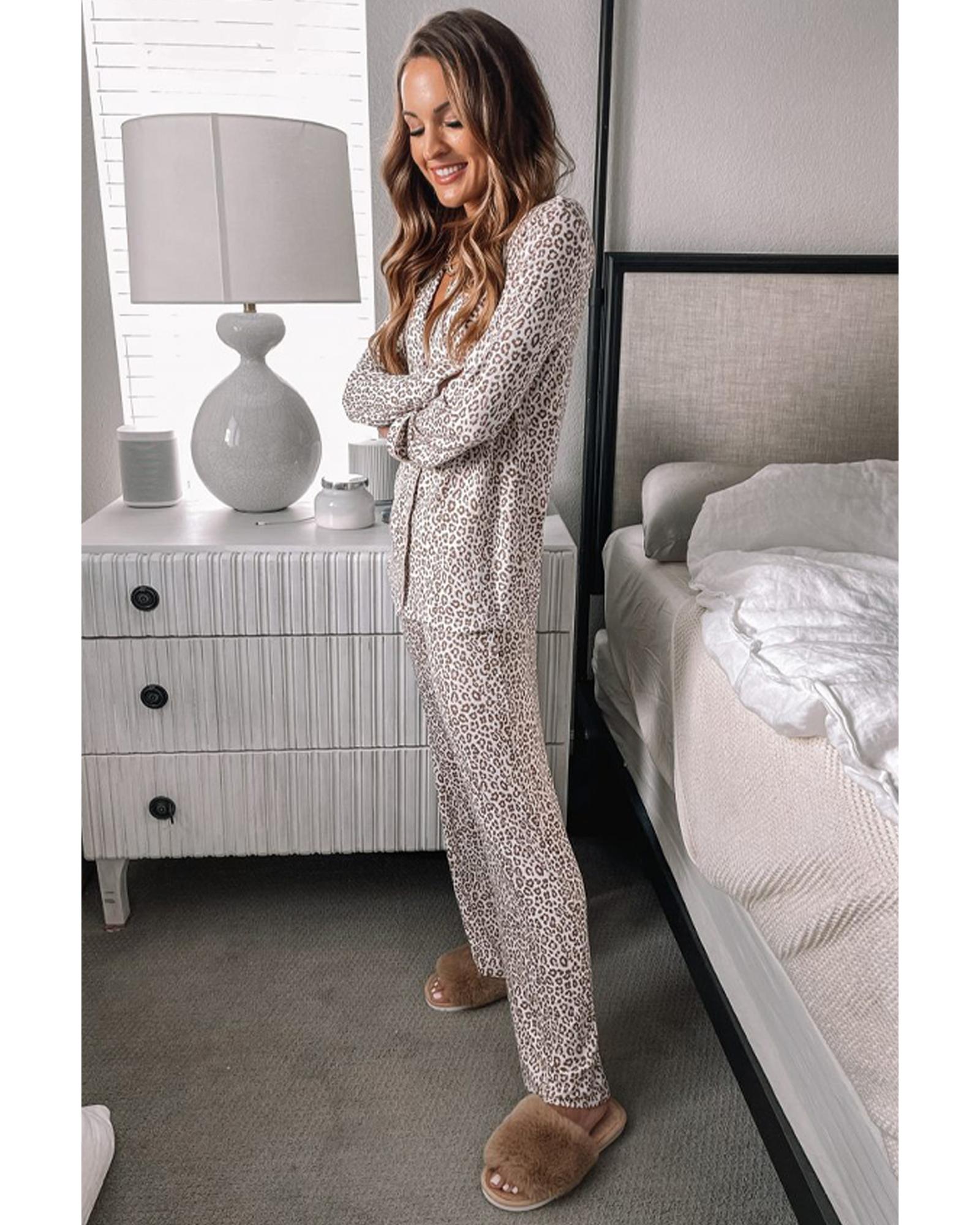 White Leopard Print Long Sleeve and Pants Pajamas Set - S