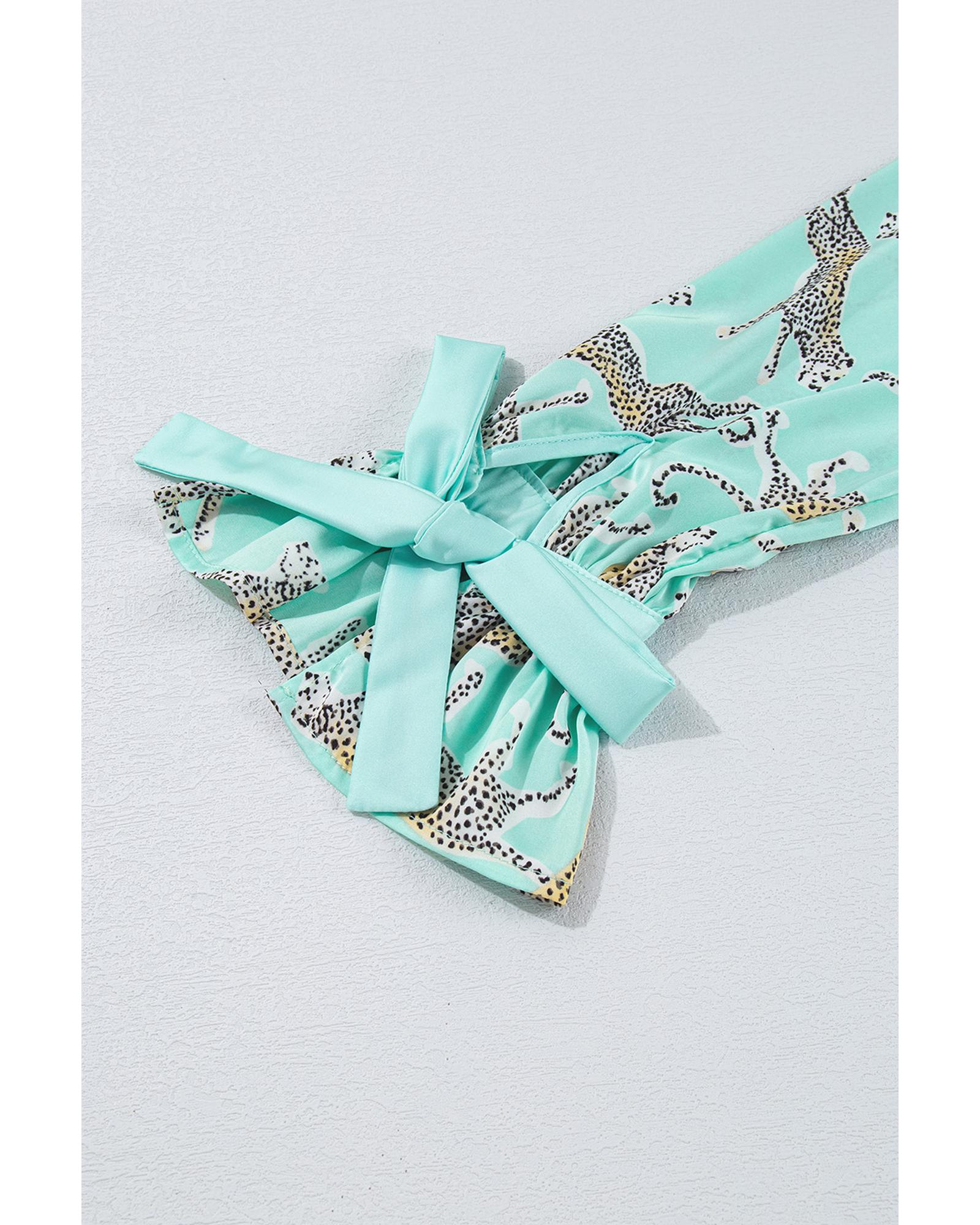 Green Leopard Satin Ruffle Pajama Short Set - L