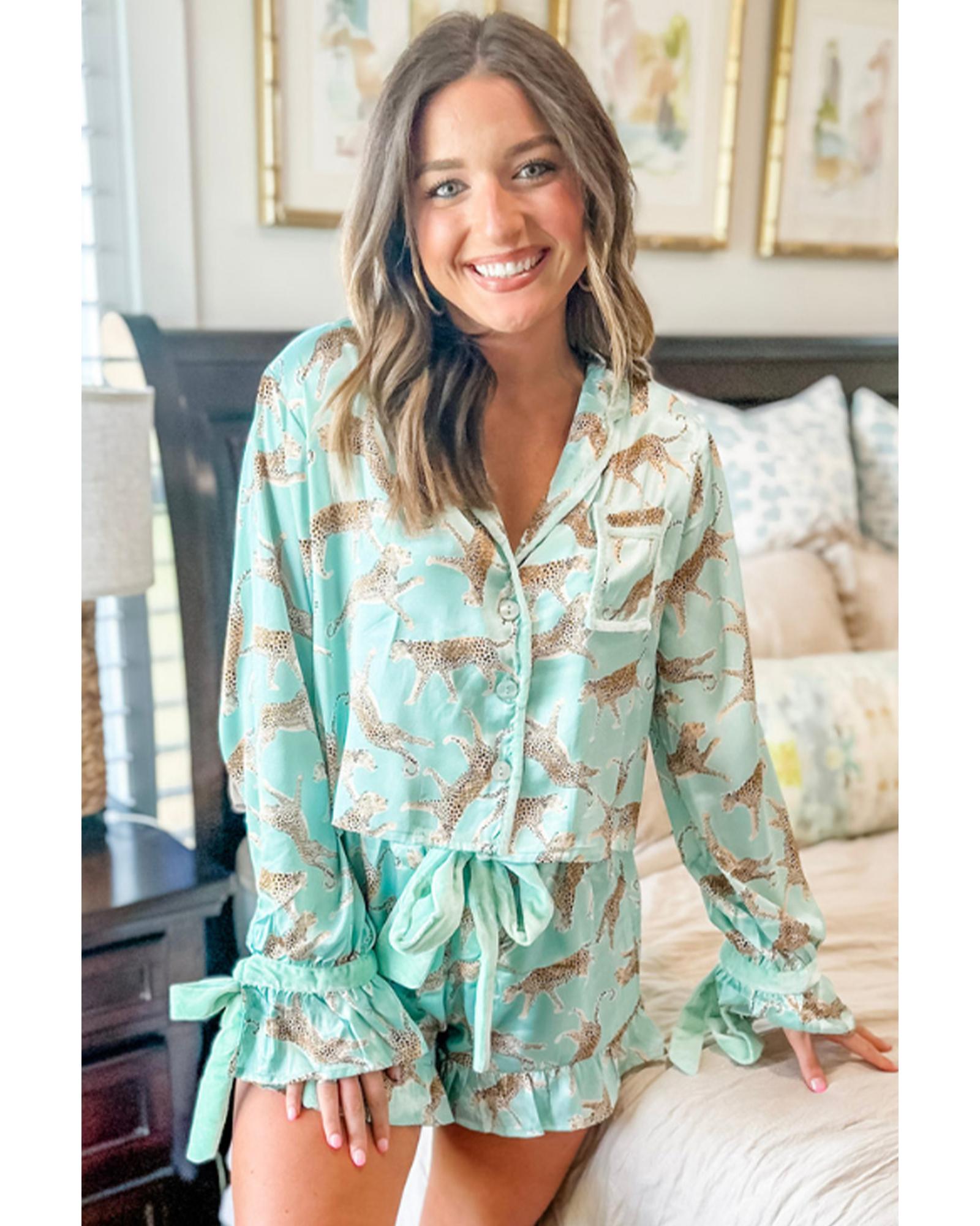 Green Leopard Satin Ruffle Pajama Short Set - L