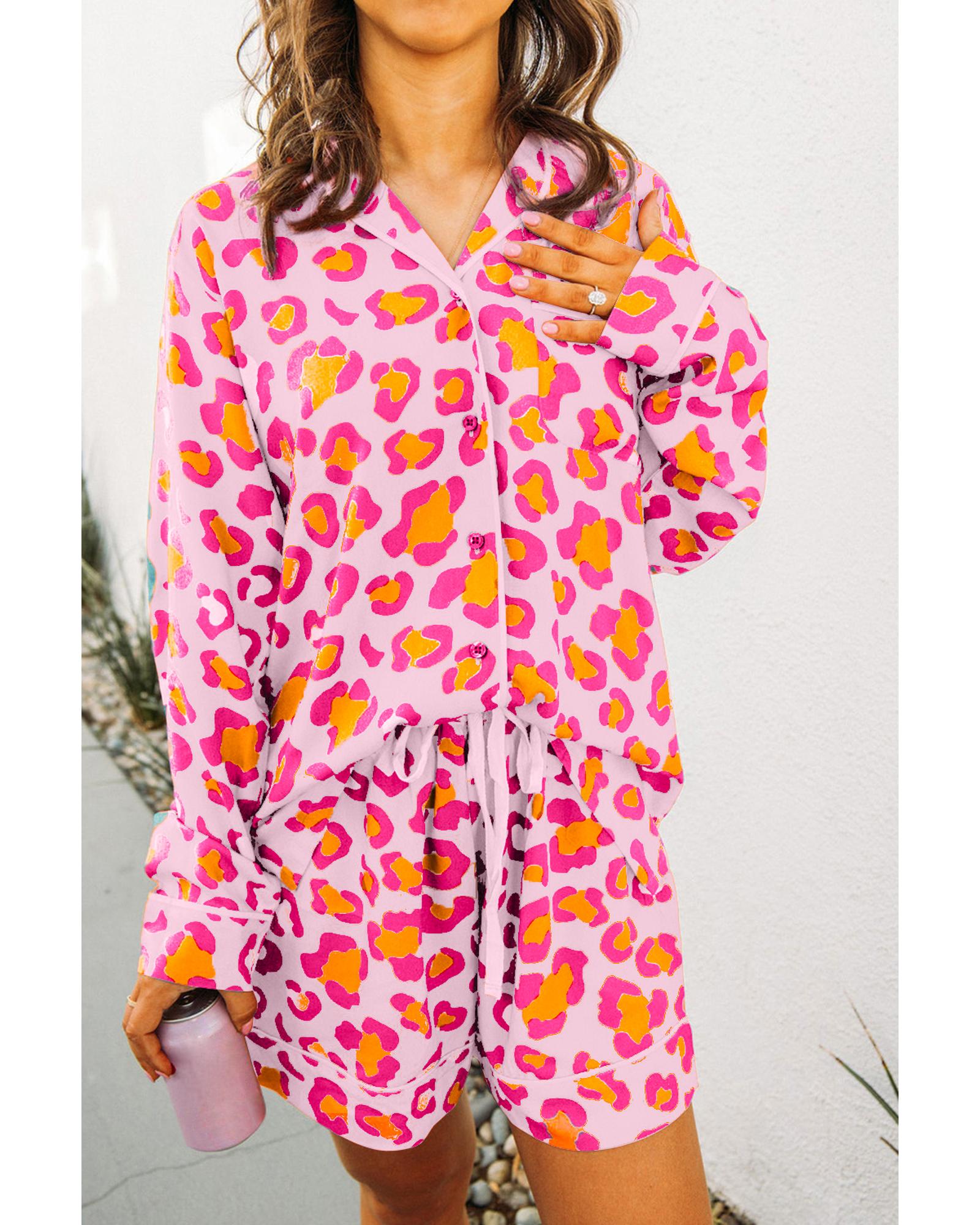 Pink Leopard Print Long Sleeve Shirt and Shorts Pajama Set - L