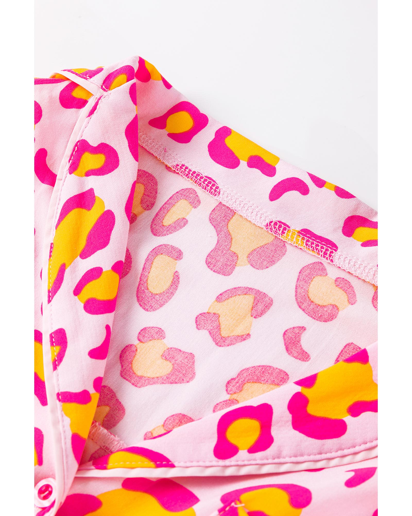 Pink Leopard Print Long Sleeve Shirt and Shorts Pajama Set - S