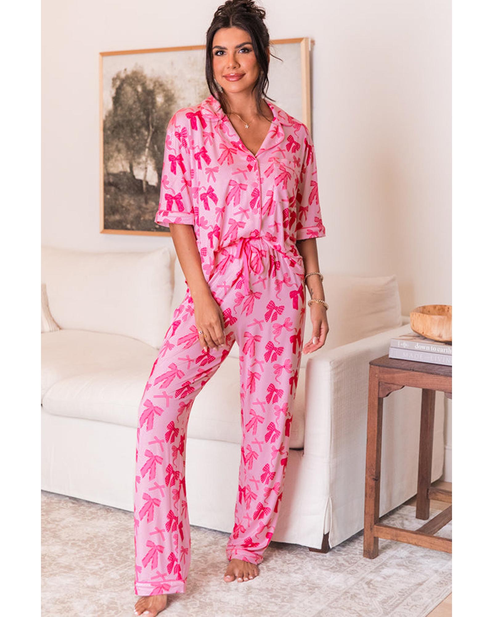 Pink Bow Knot Print Lapel Collar Short Sleeve and Pants Pajamas Set - S