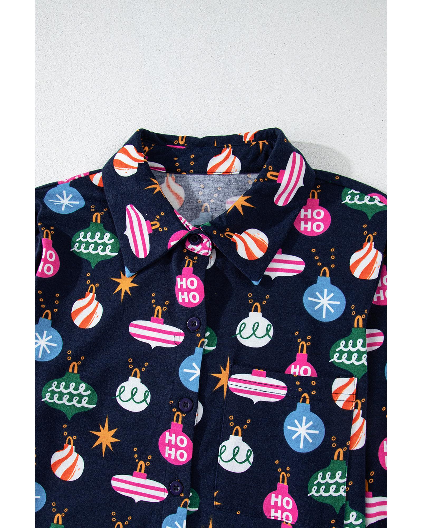 Navy Blue Colorful Christmas Lights Print Shirt and Pants Pajama Set - M