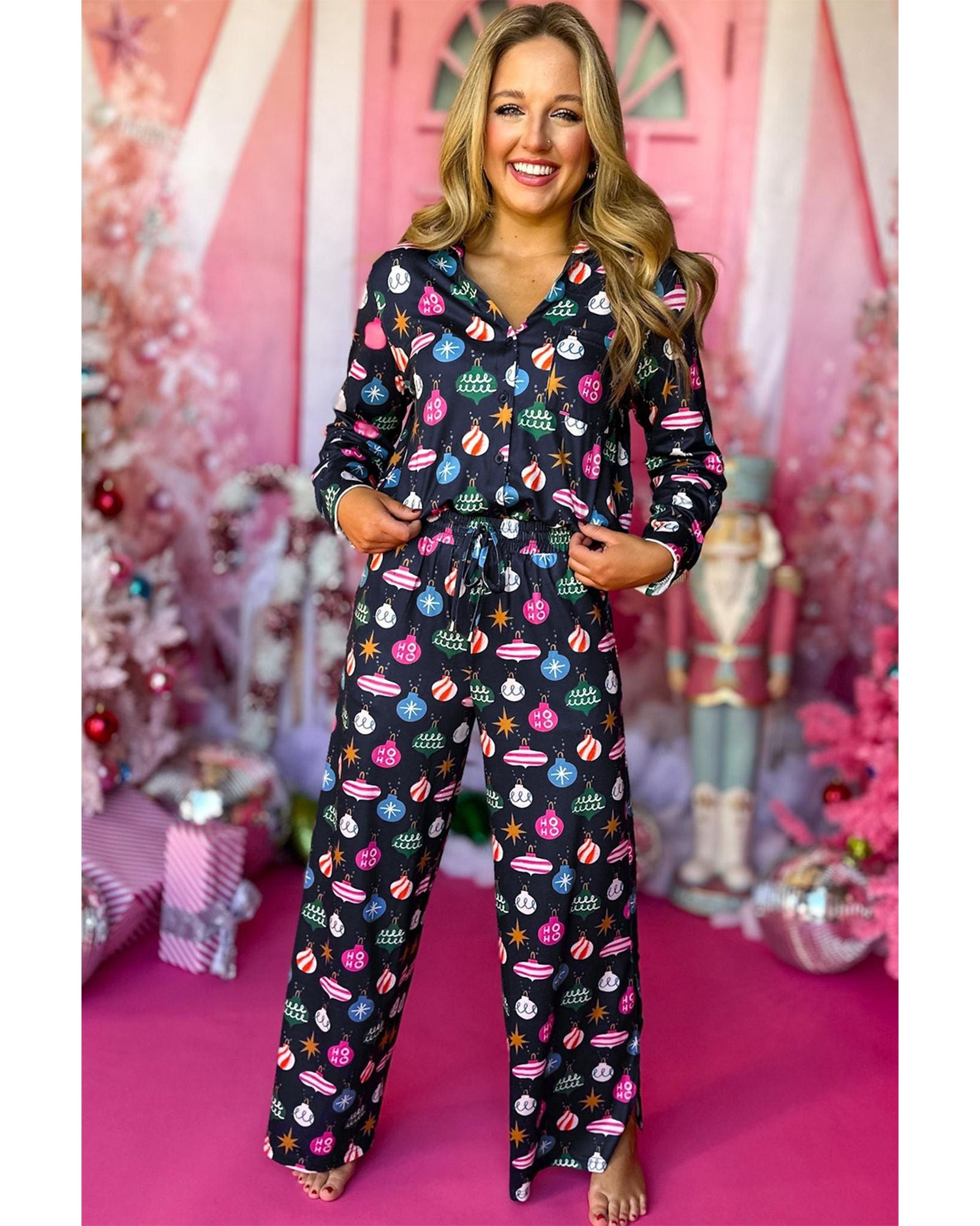 Navy Blue Colorful Christmas Lights Print Shirt and Pants Pajama Set - S