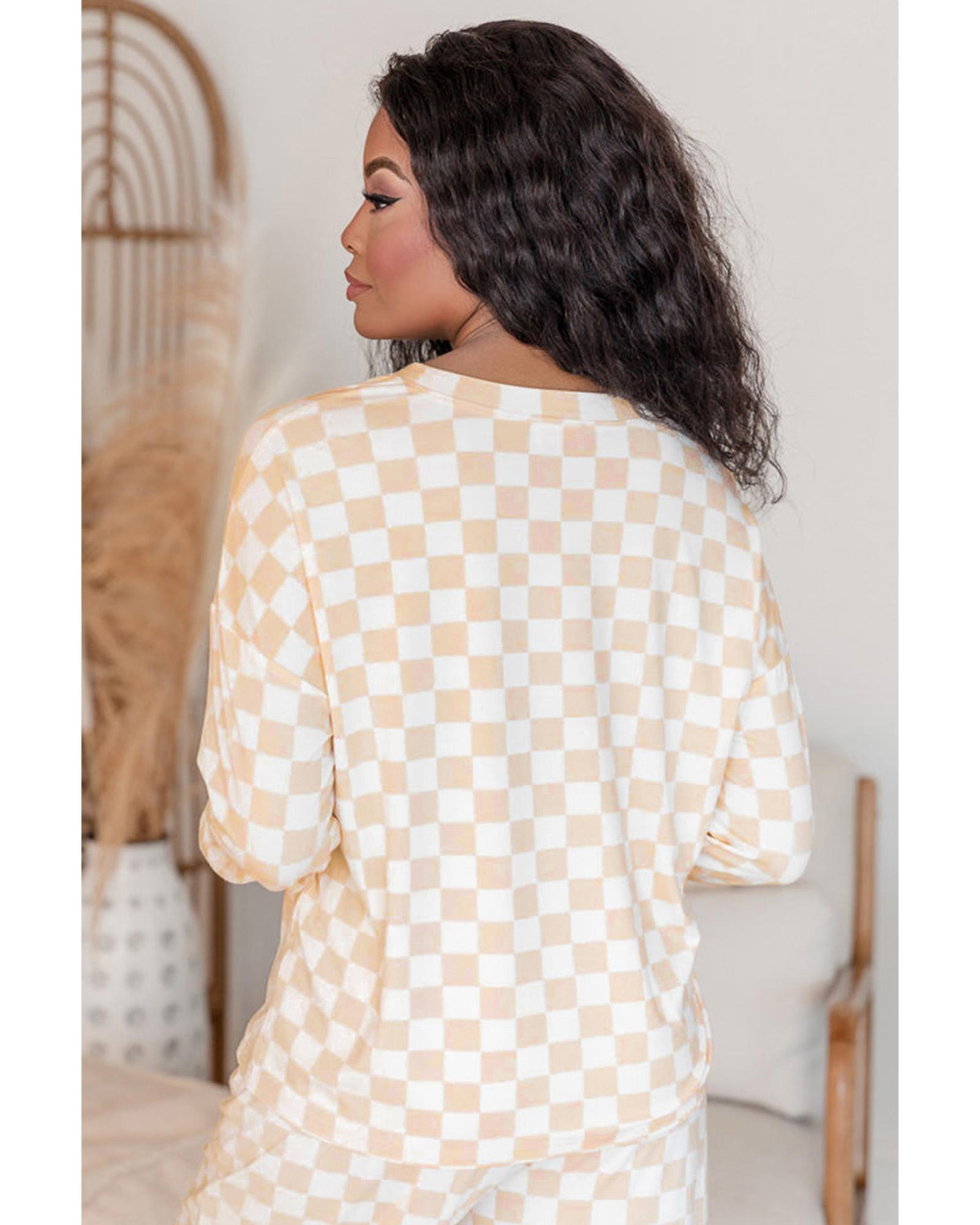 Beige Checkered Print Long Sleeve Top and Pants Lounge Set - S