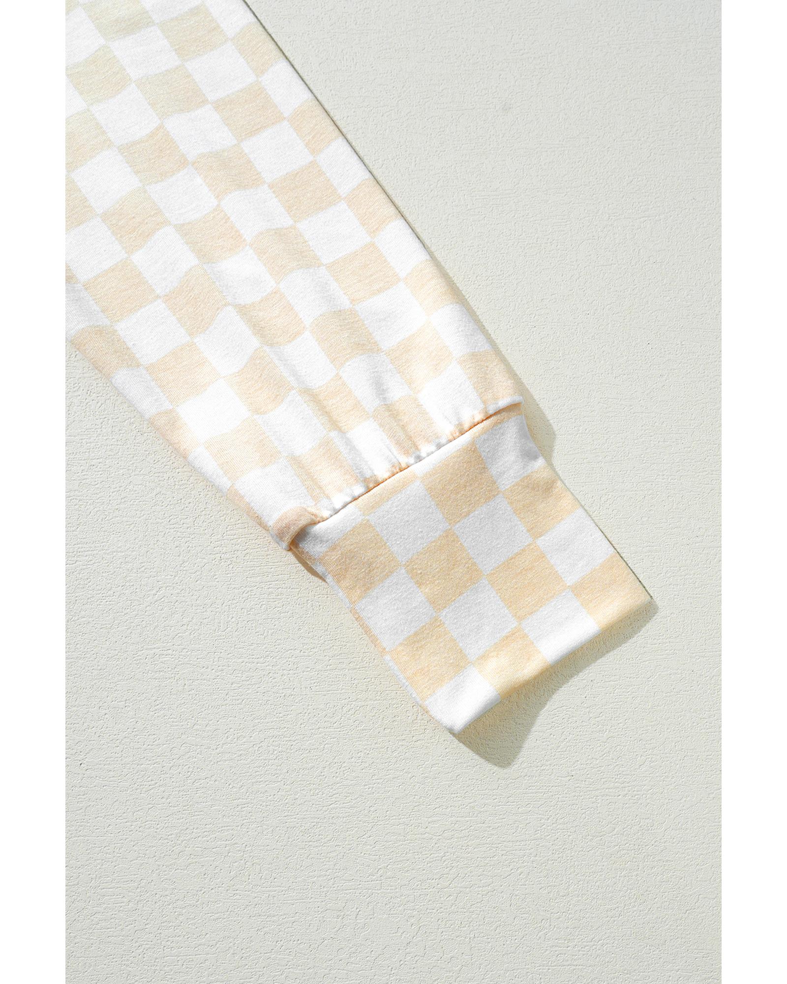 Beige Checkered Print Long Sleeve Top and Pants Lounge Set - XL