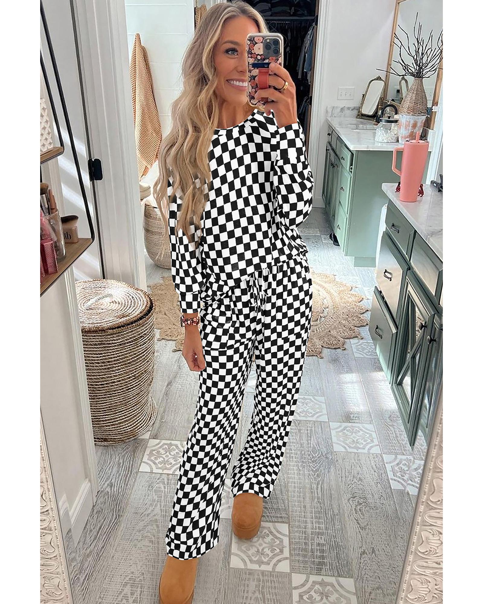 Black Checkered Print Long Sleeve Top and Pants Lounge Set - S