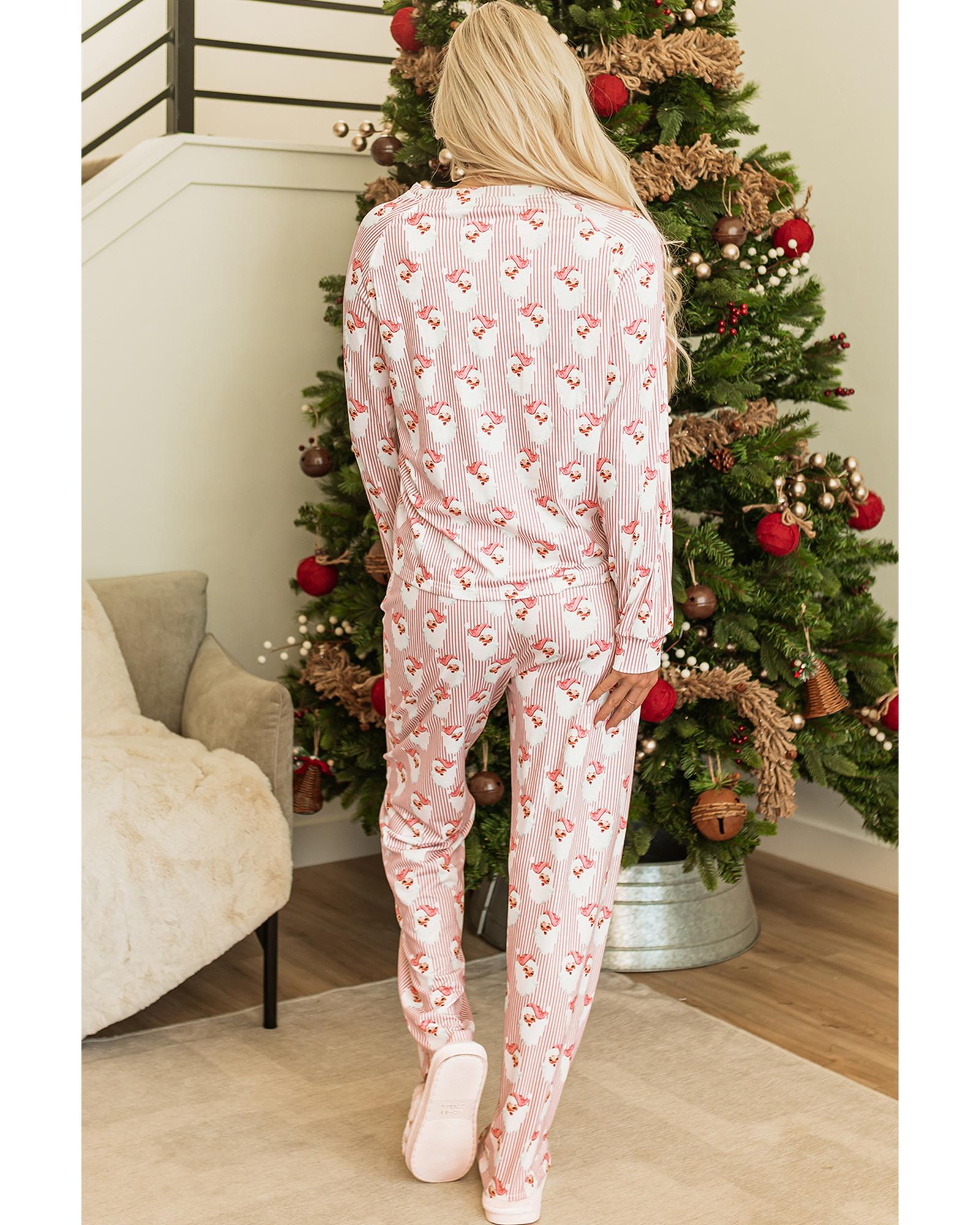 Pink Santa Claus Striped Print Loose Fit Two Piece Lounge Set - 2XL