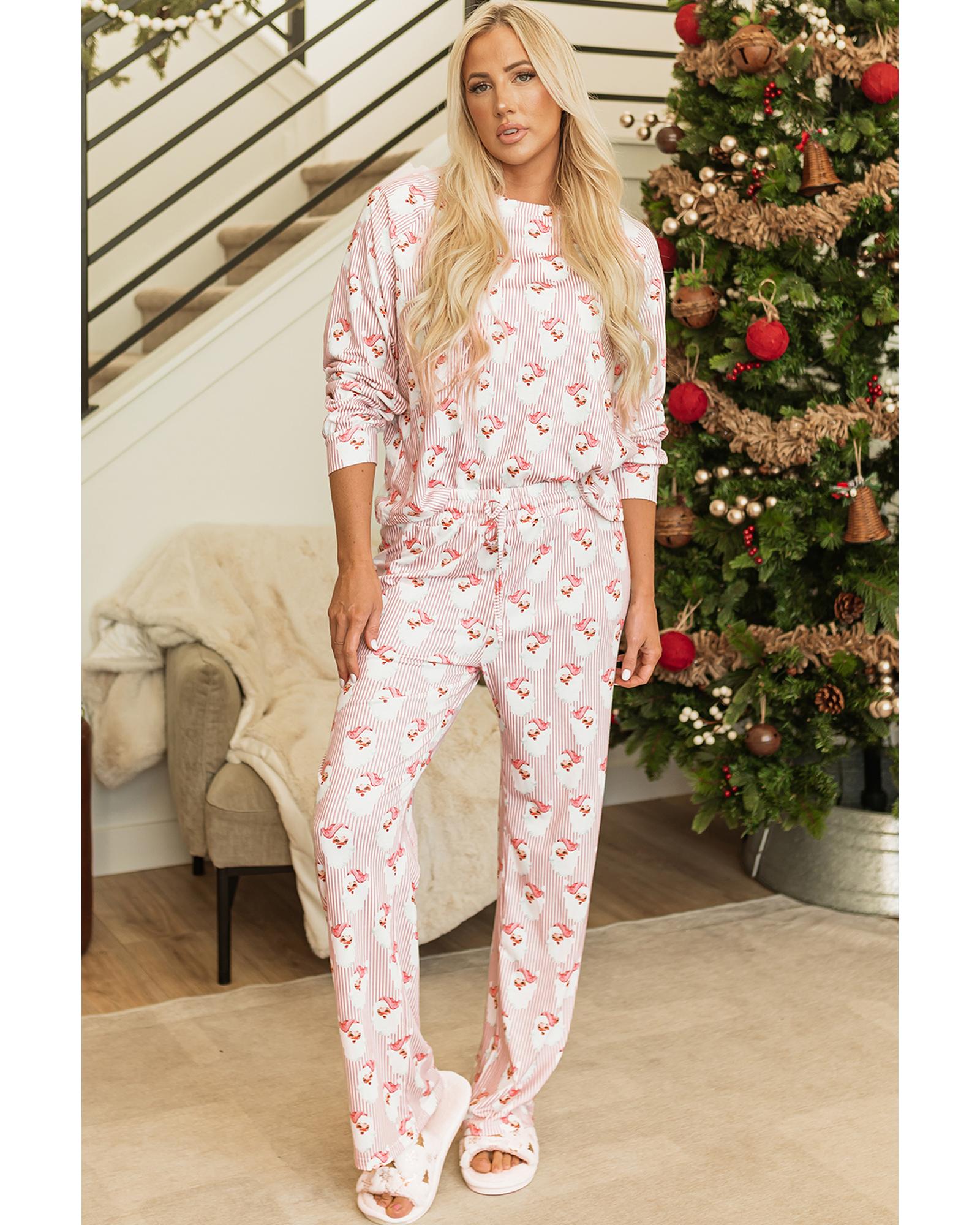 Pink Santa Claus Striped Print Loose Fit Two Piece Lounge Set - 2XL