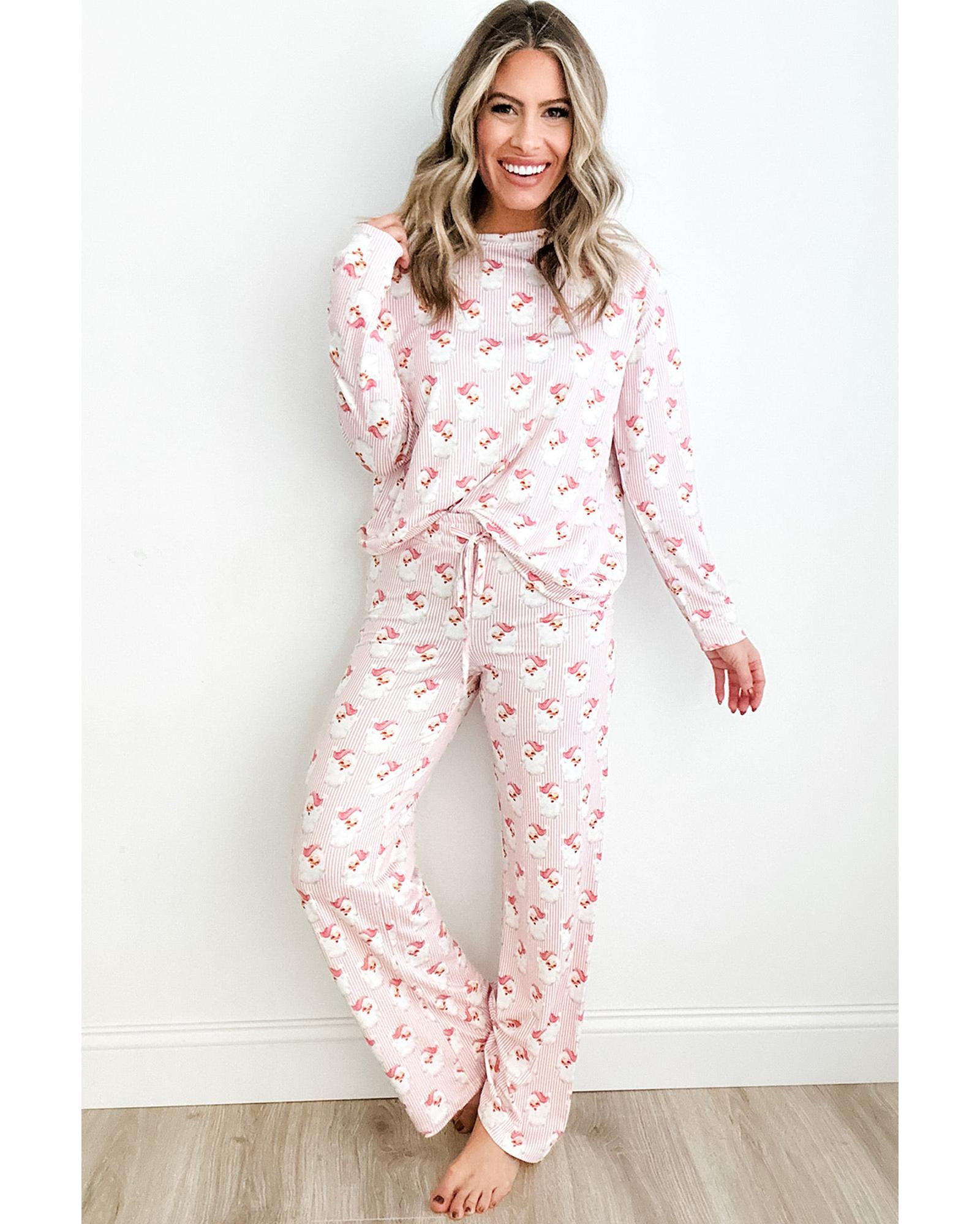 Pink Santa Claus Striped Print Loose Fit Two Piece Lounge Set - 2XL