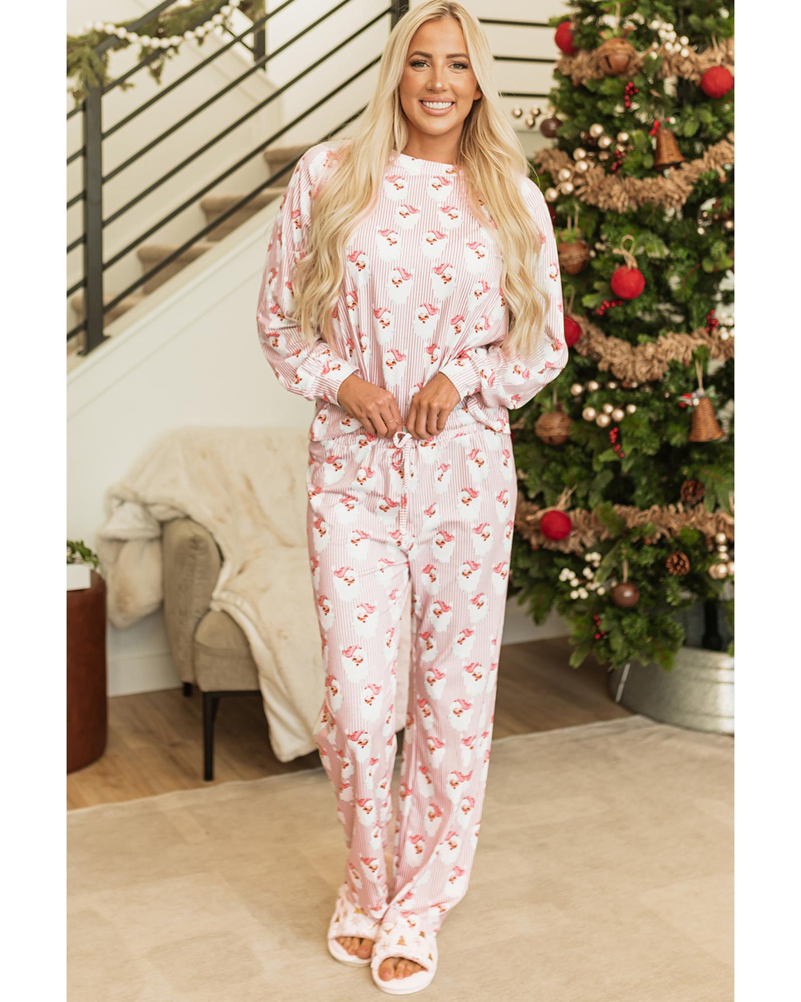 Pink Santa Claus Striped Print Loose Fit Two Piece Lounge Set - 2XL