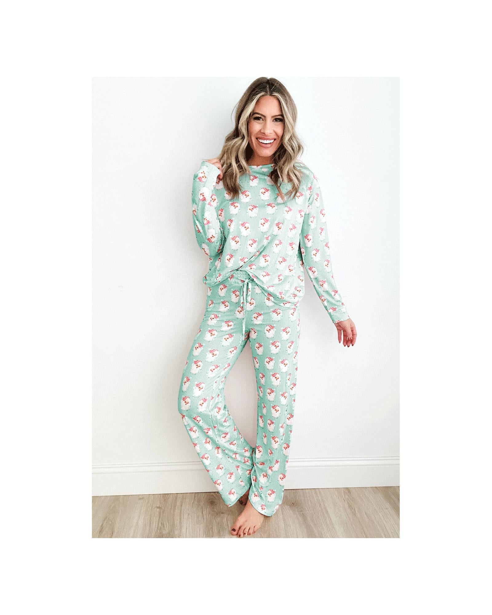 Green Santa Claus Striped Print Loose Fit Two Piece Lounge Set - S