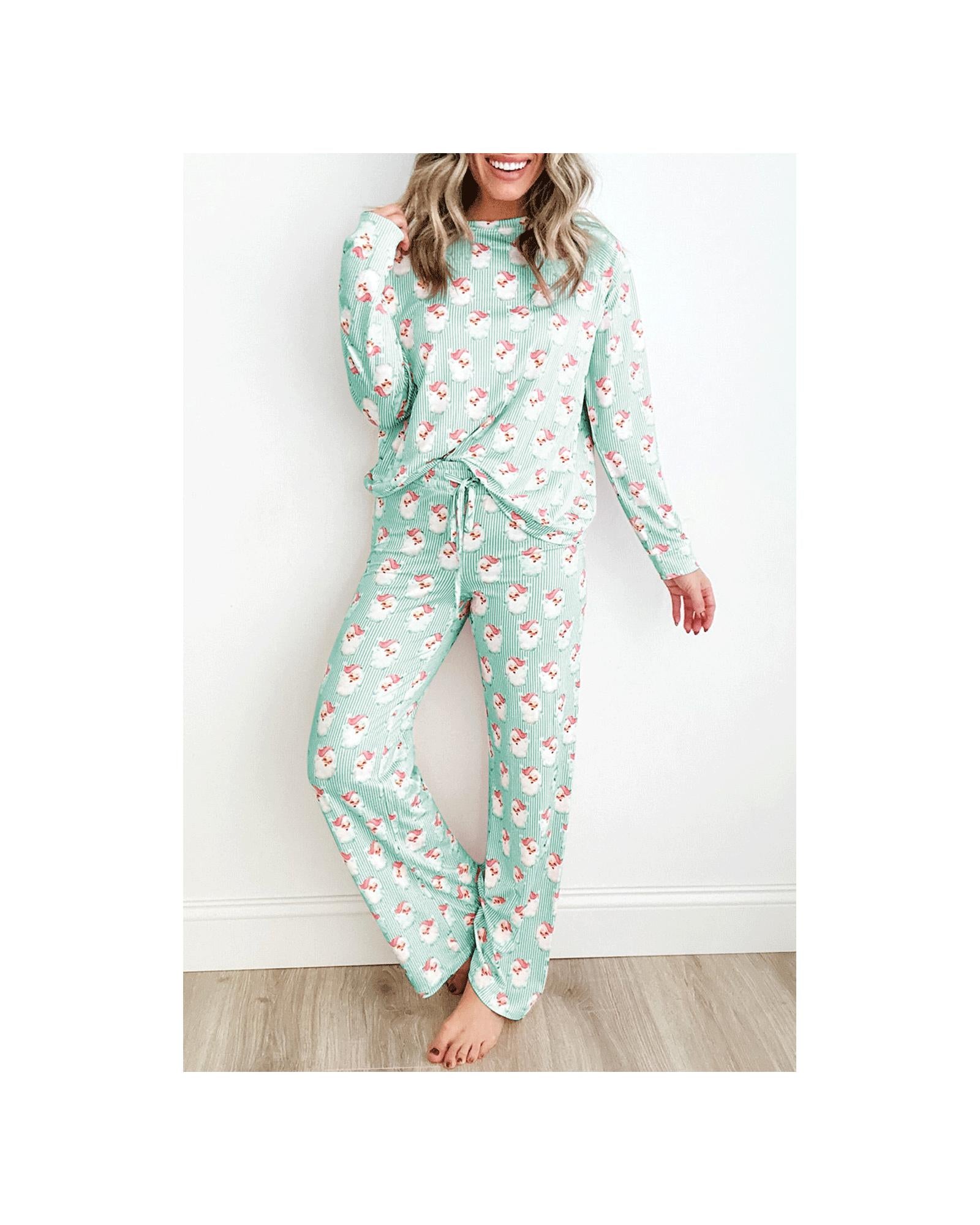 Green Santa Claus Striped Print Loose Fit Two Piece Lounge Set - S