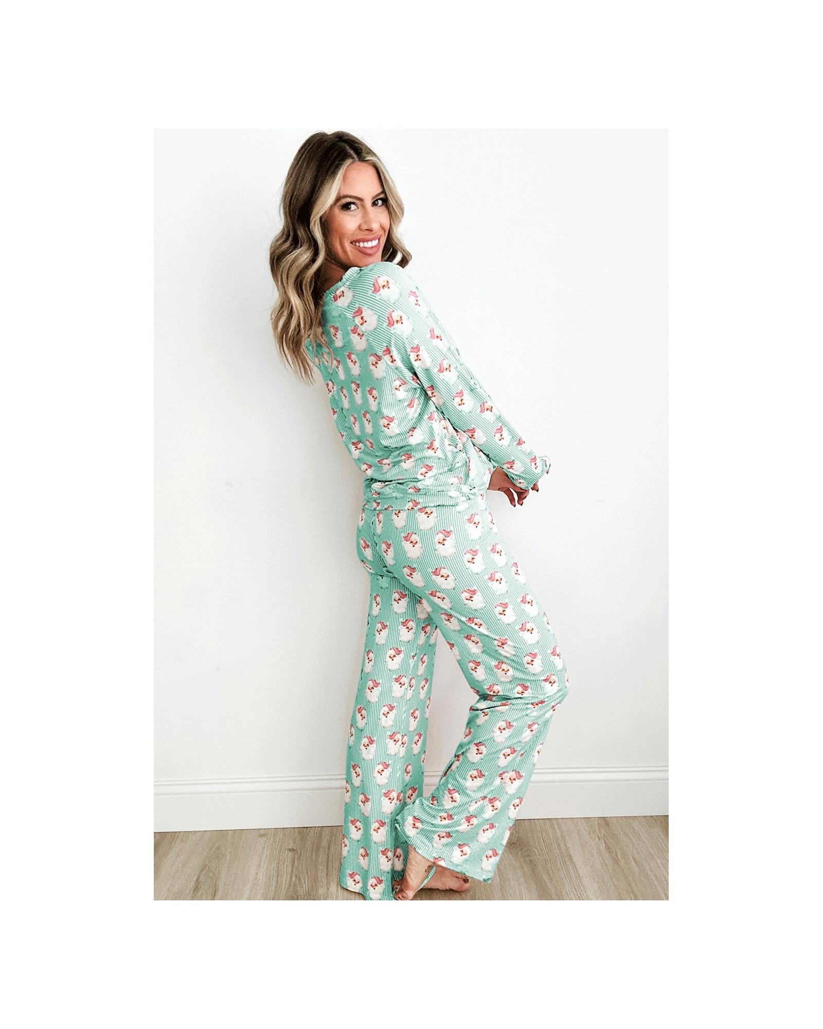 Green Santa Claus Striped Print Loose Fit Two Piece Lounge Set - S
