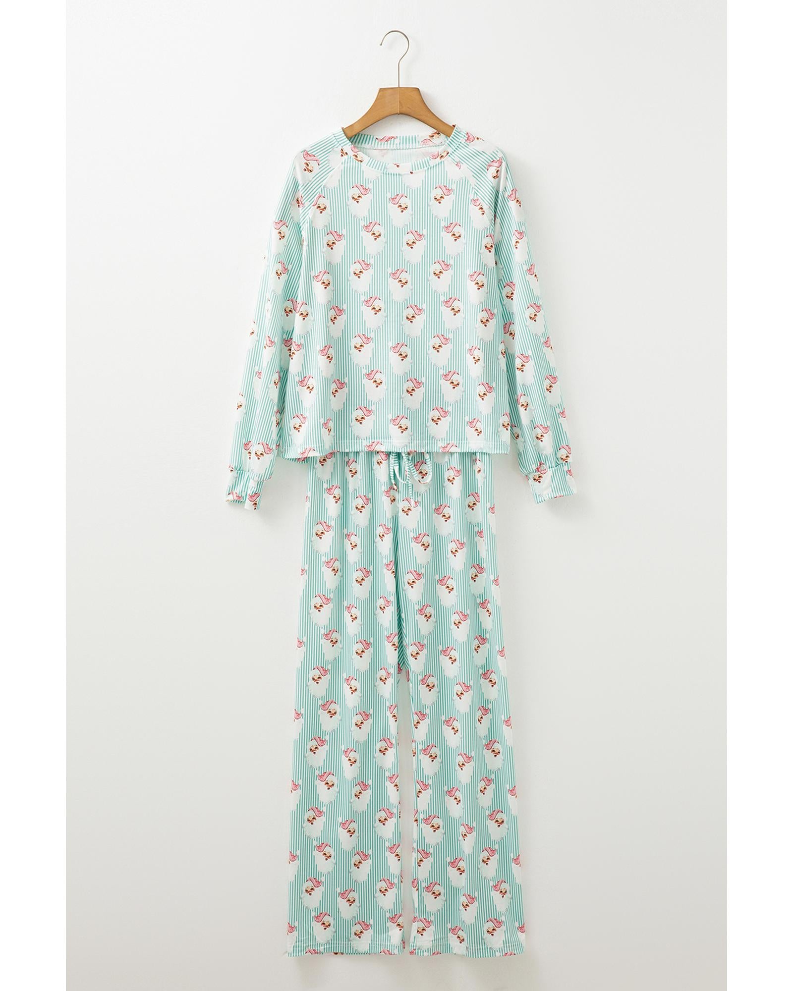 Green Santa Claus Striped Print Loose Fit Two Piece Lounge Set - S