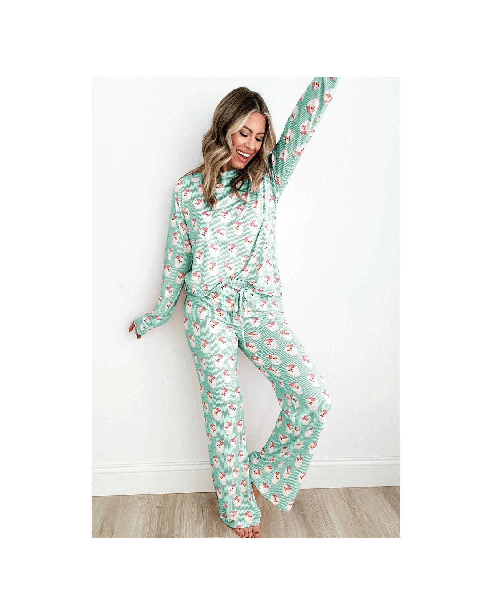 Green Santa Claus Striped Print Loose Fit Two Piece Lounge Set - S
