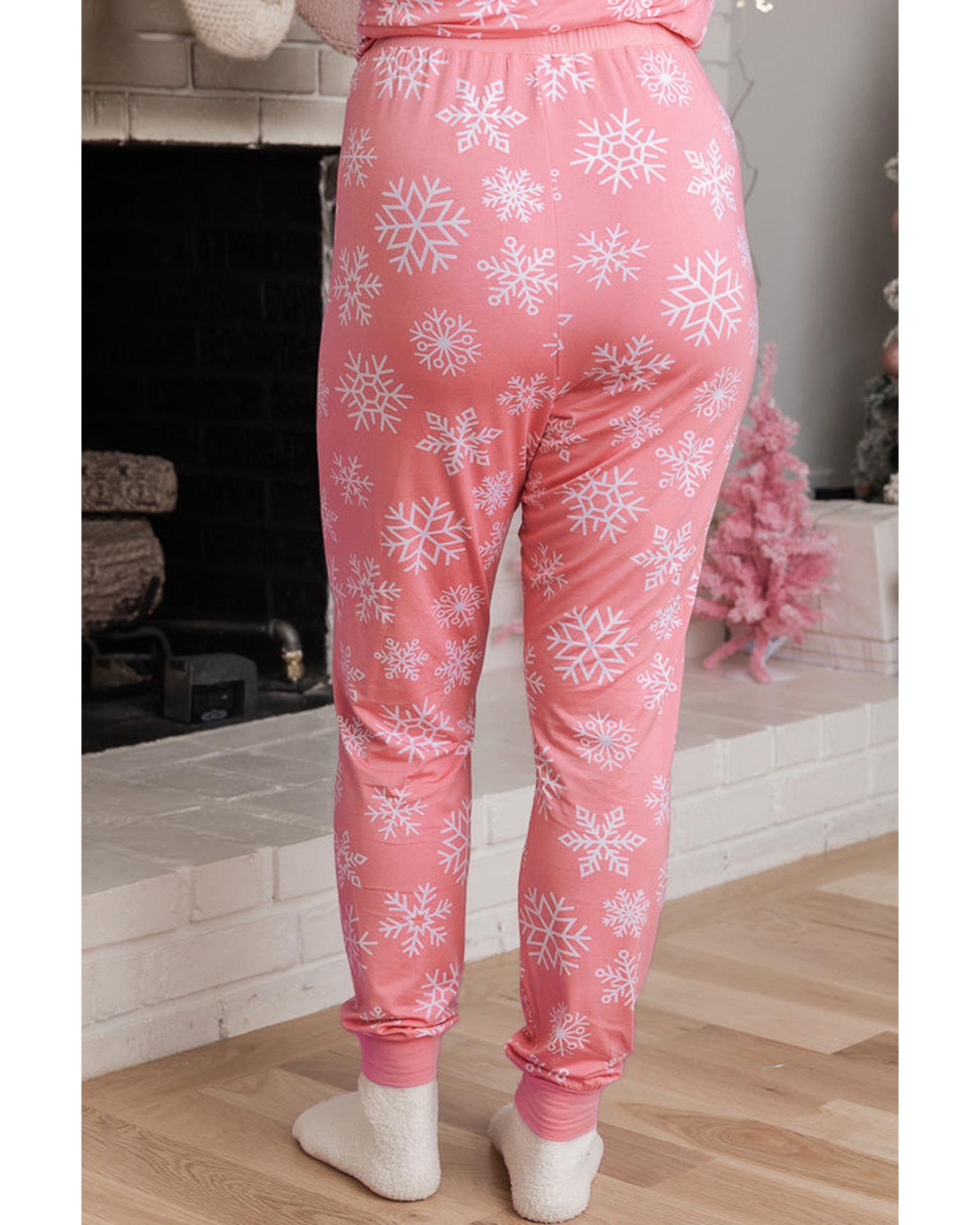 Pink Christmas Snowflake Print Two Piece Loungewear - L