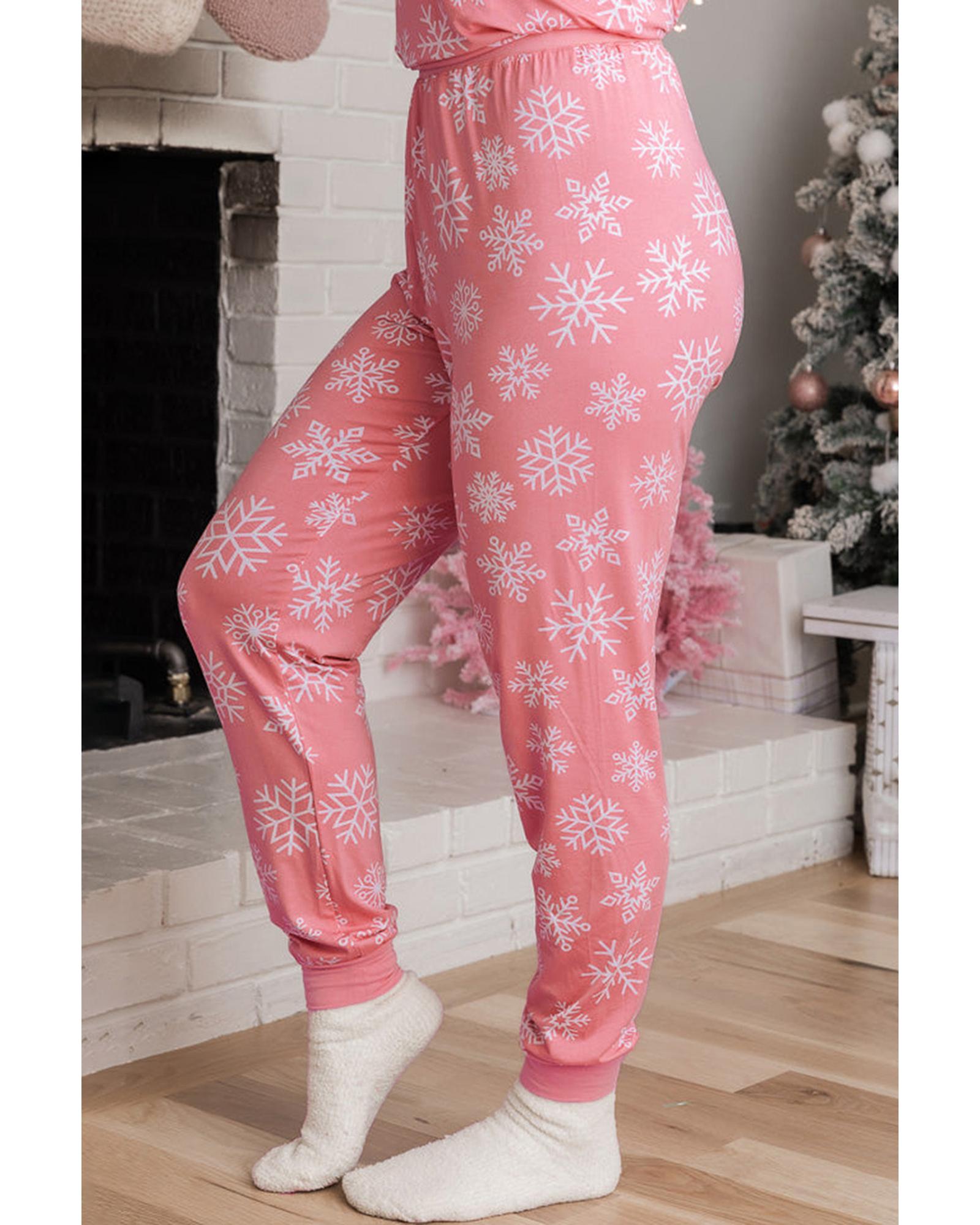 Pink Christmas Snowflake Print Two Piece Loungewear - S