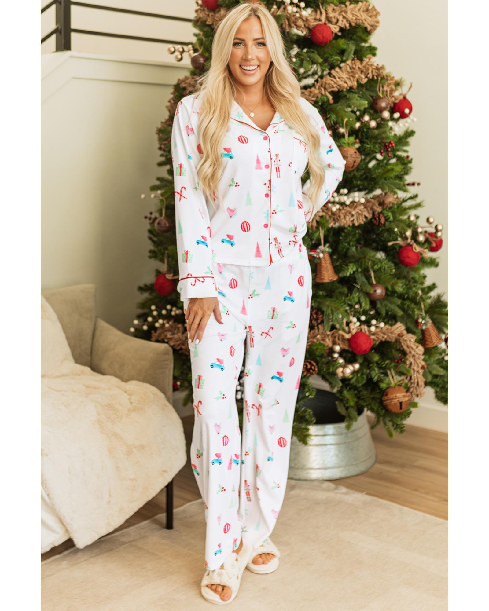 White Christmas Print Lapel Shirt and Pants Sleepwear - 2XL