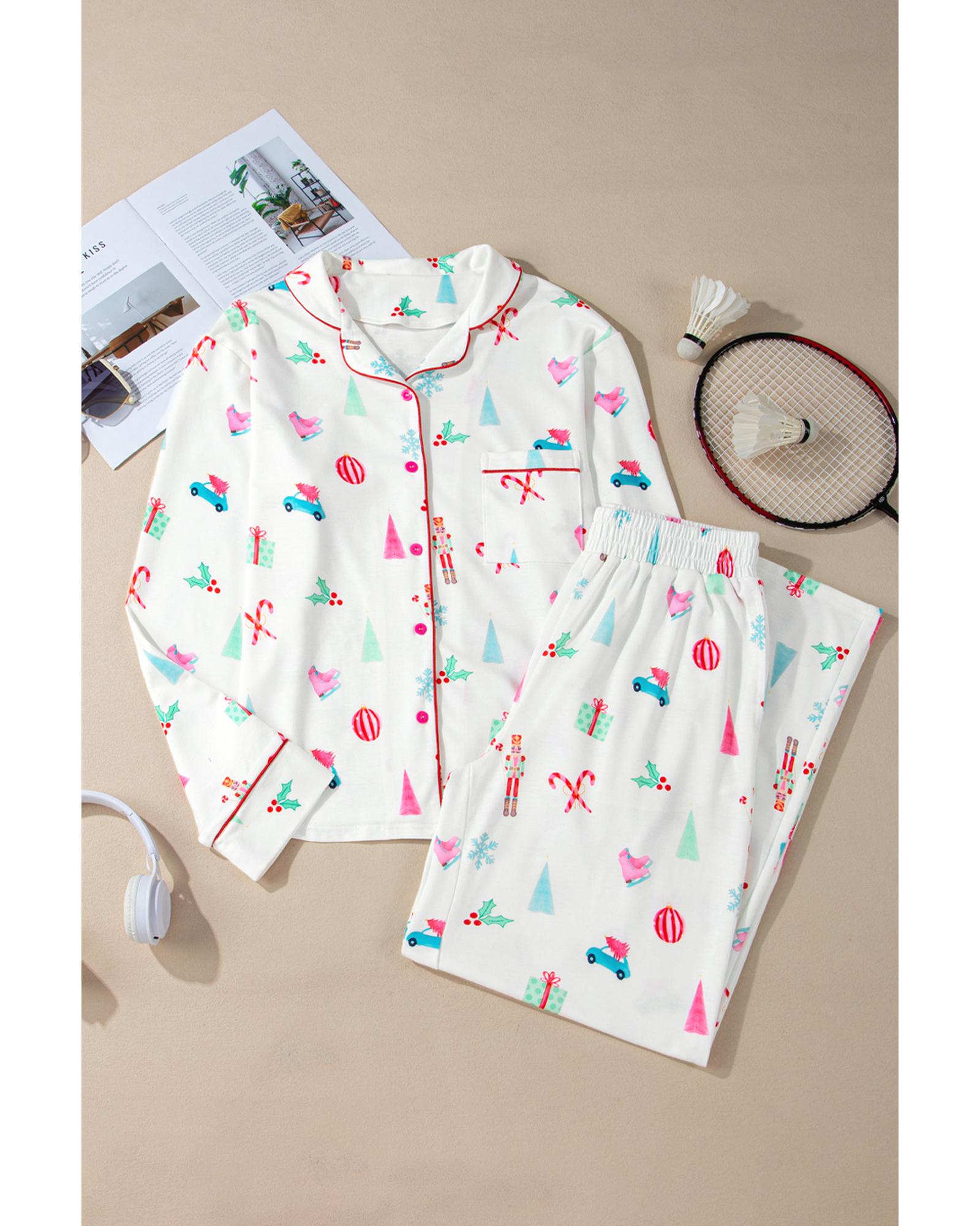 White Christmas Print Lapel Shirt and Pants Sleepwear - S