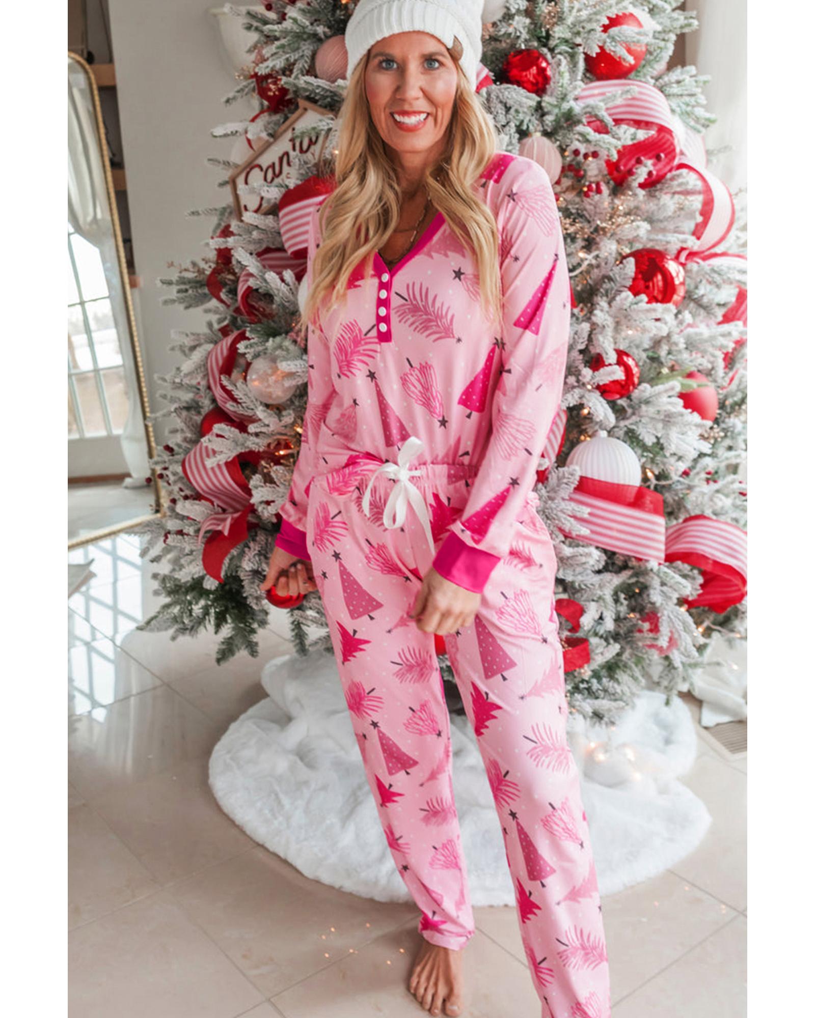 Pink Christmas Tree Print V Neck Buttoned Pullover and Drawstring Pants Lounge Set - S